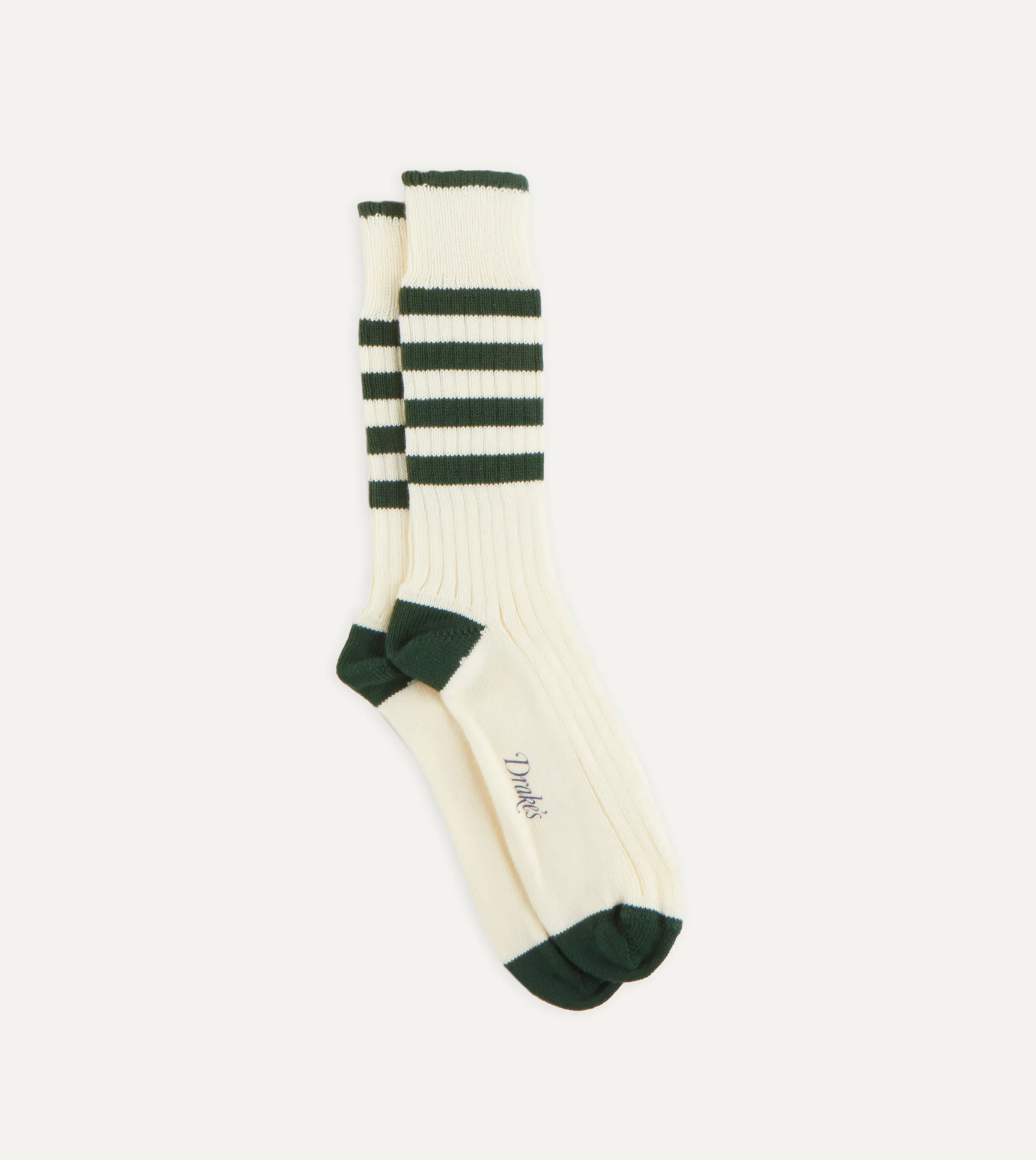 Drake’s Socks | Green And Ecru Heavy Striped Sport Socks