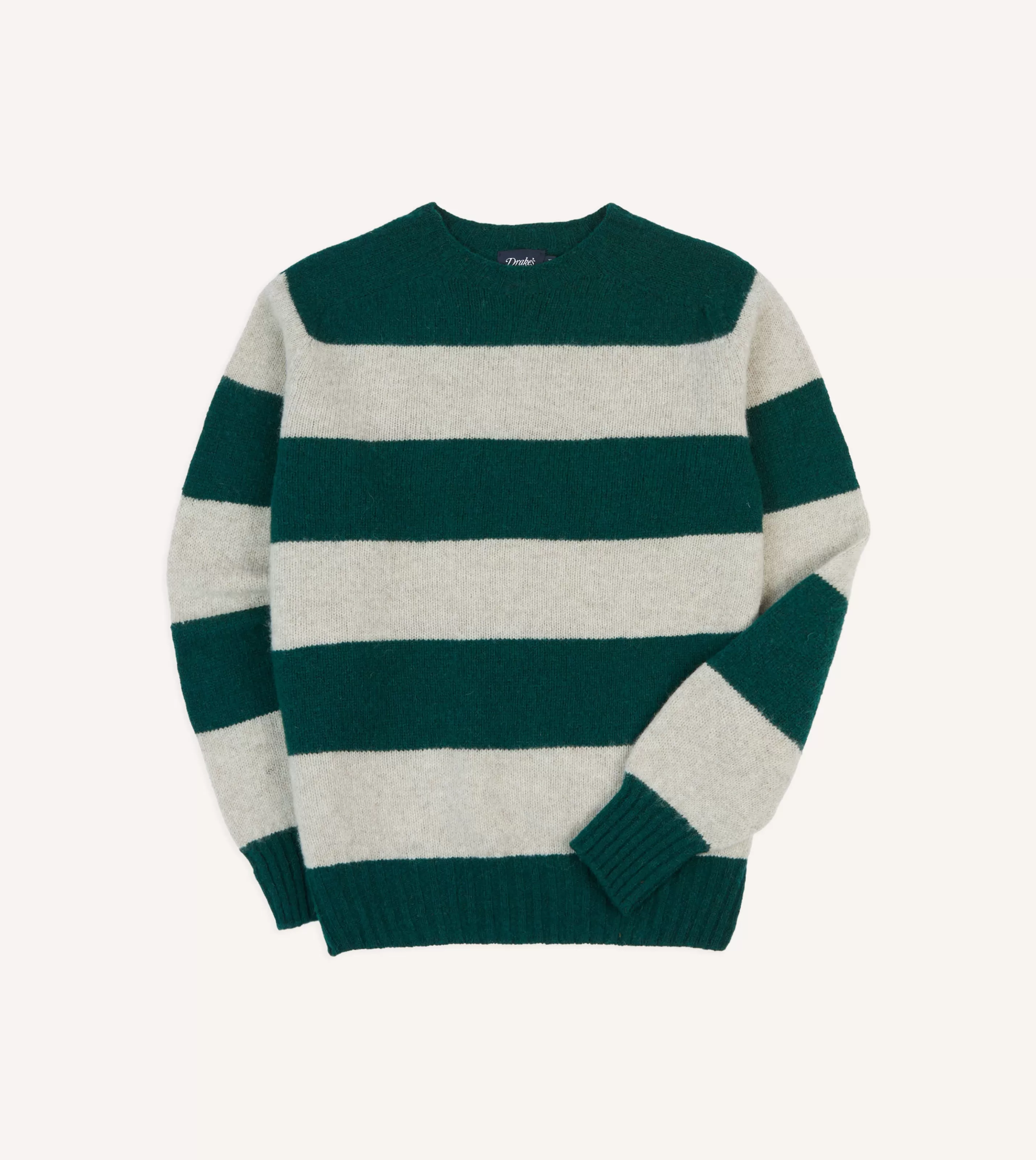 Drake’s Knitwear | Green And Ecru Stripe Brushed Shetland Crew Neck Jumper