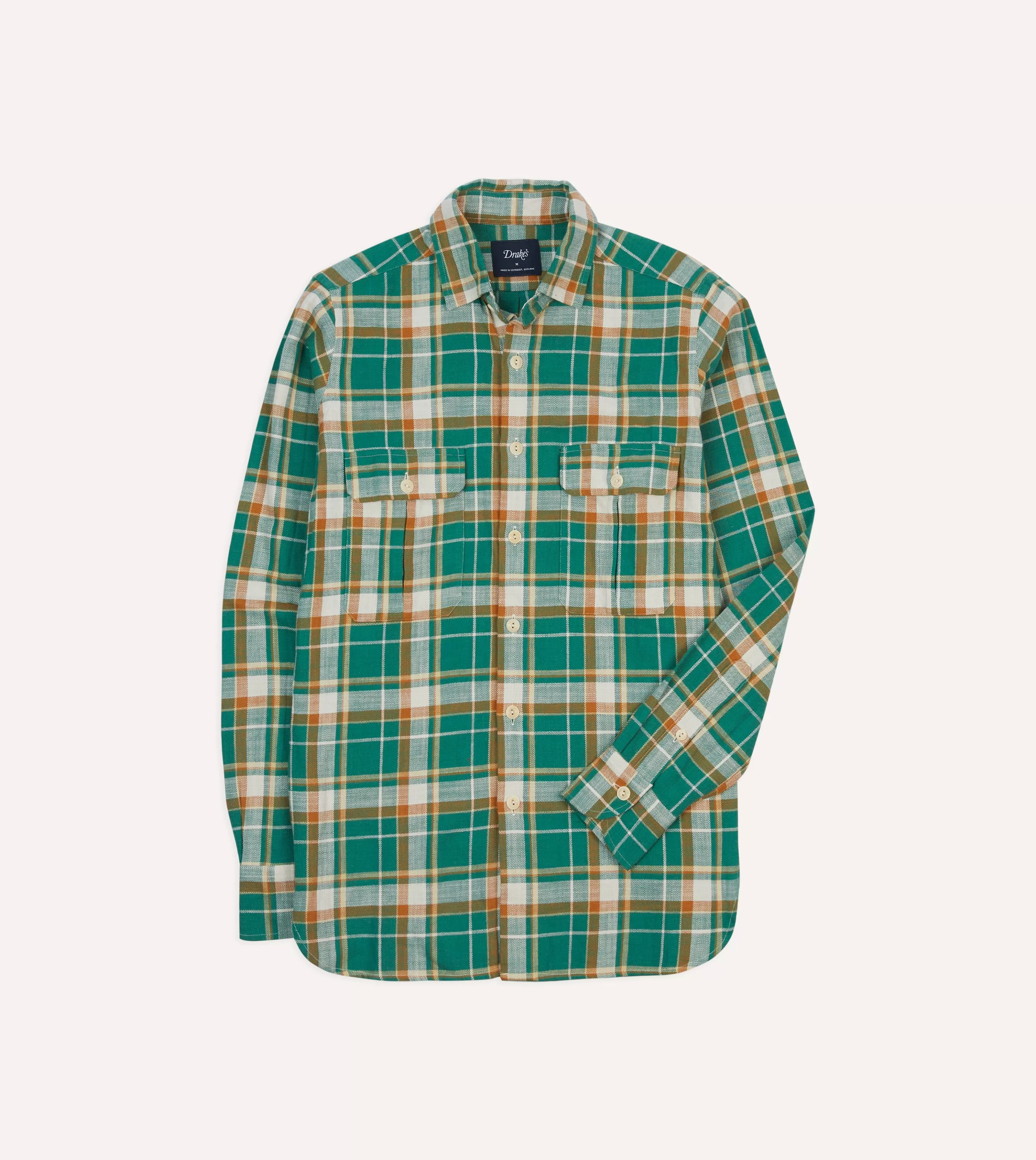 Drake’s Shirts | Work Shirts | And Yellow Check Slub Brushed Cotton Two-Pocket Work Shirt Green