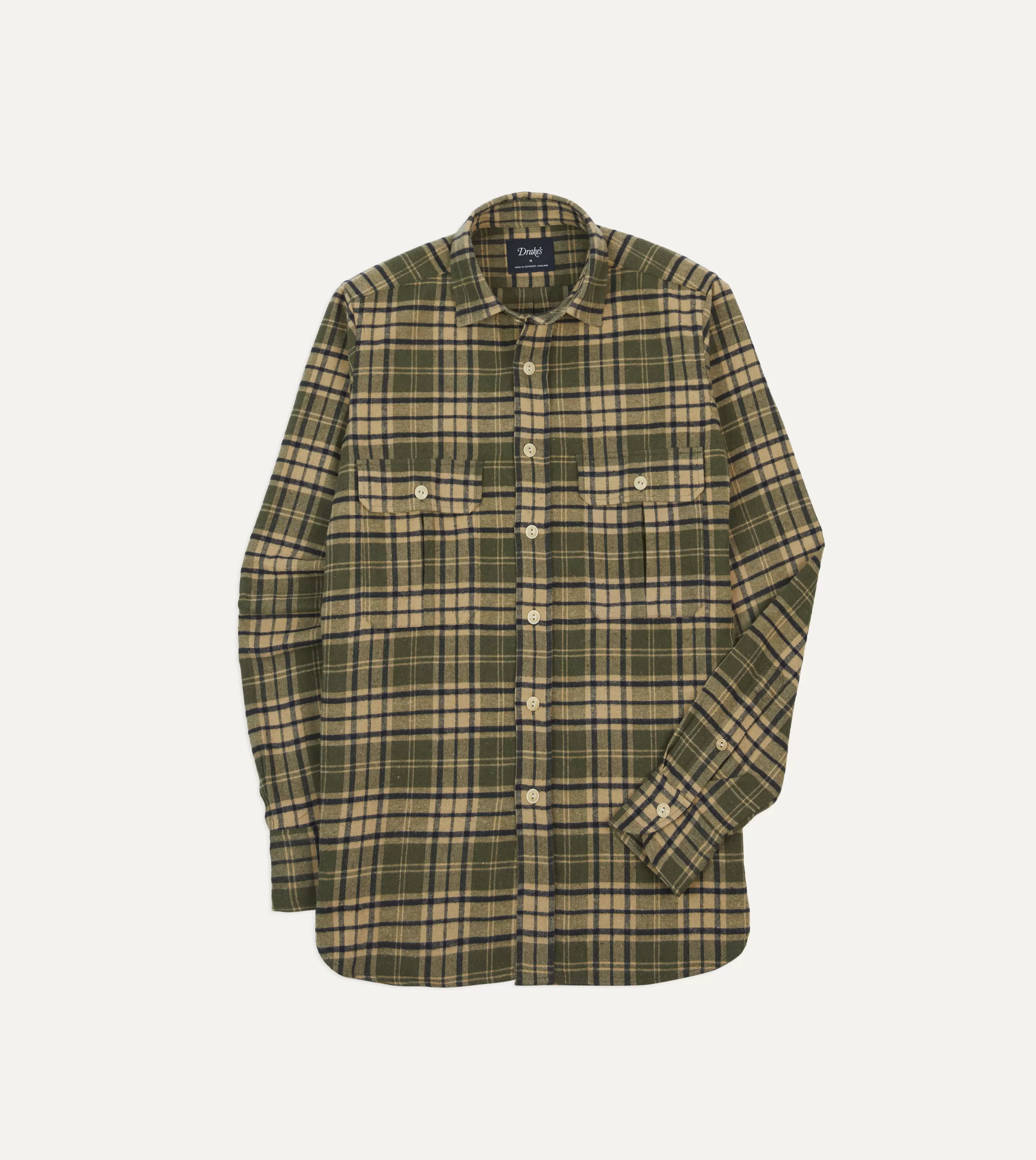 Drake’s Shirts | Work Shirts | Green Check Brushed Cotton Two-Pocket Work Shirt