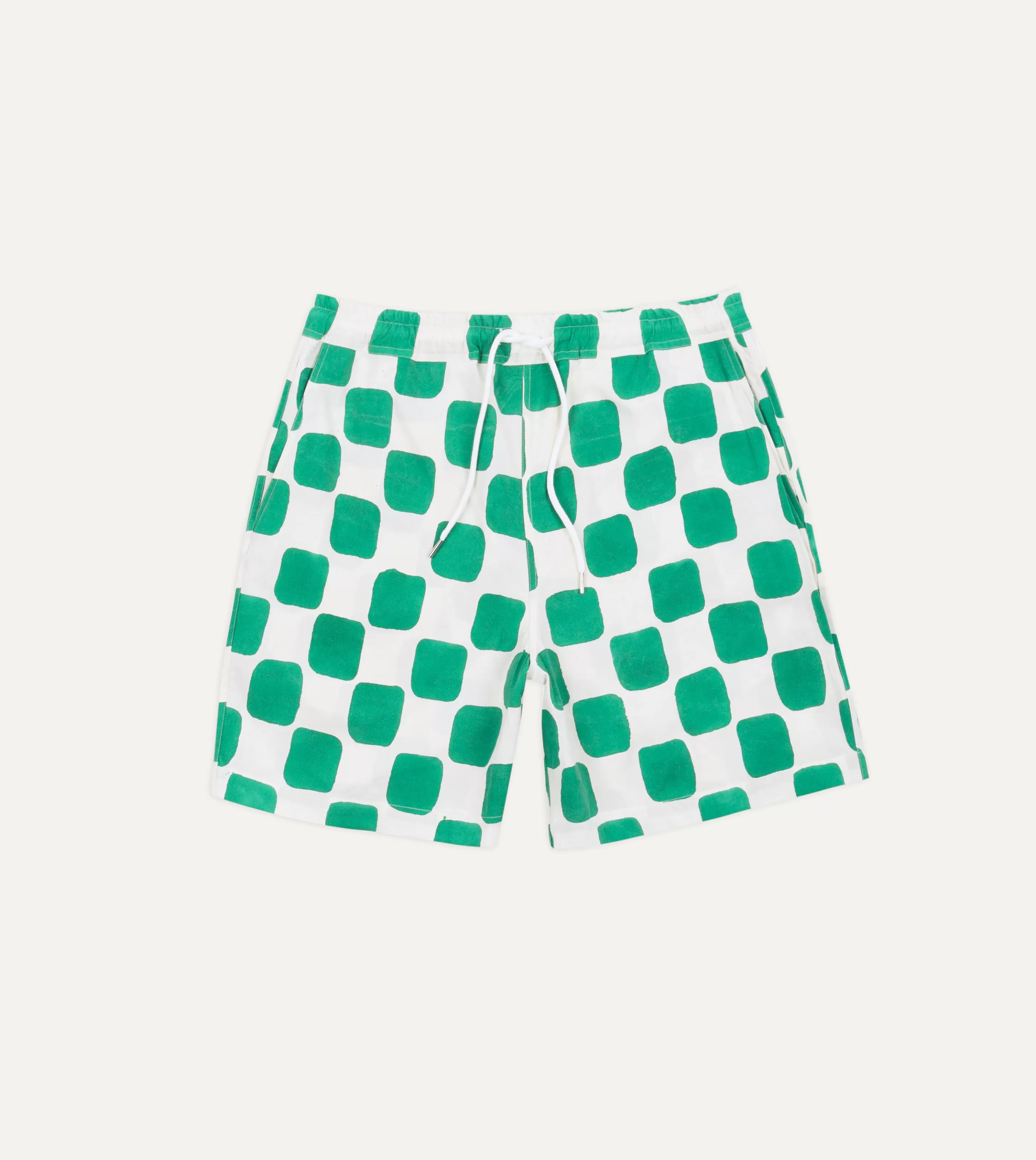 Drake’s Shorts | Green Chequerboard Block Print Cotton Drawstring Shorts