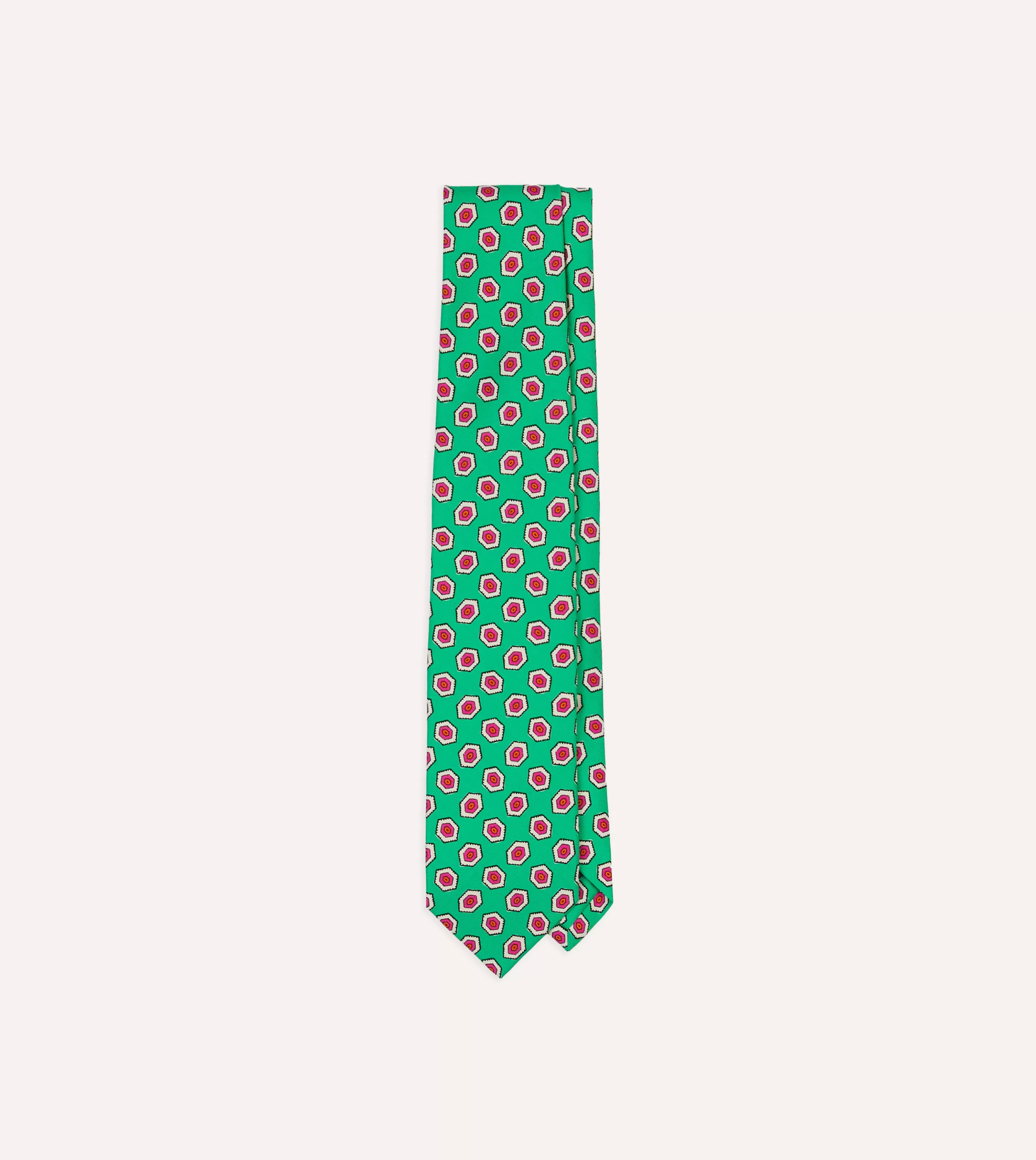 Drake’s Patterned Ties | Hexagon Tile Print Silk Self-Tipped Tie Green