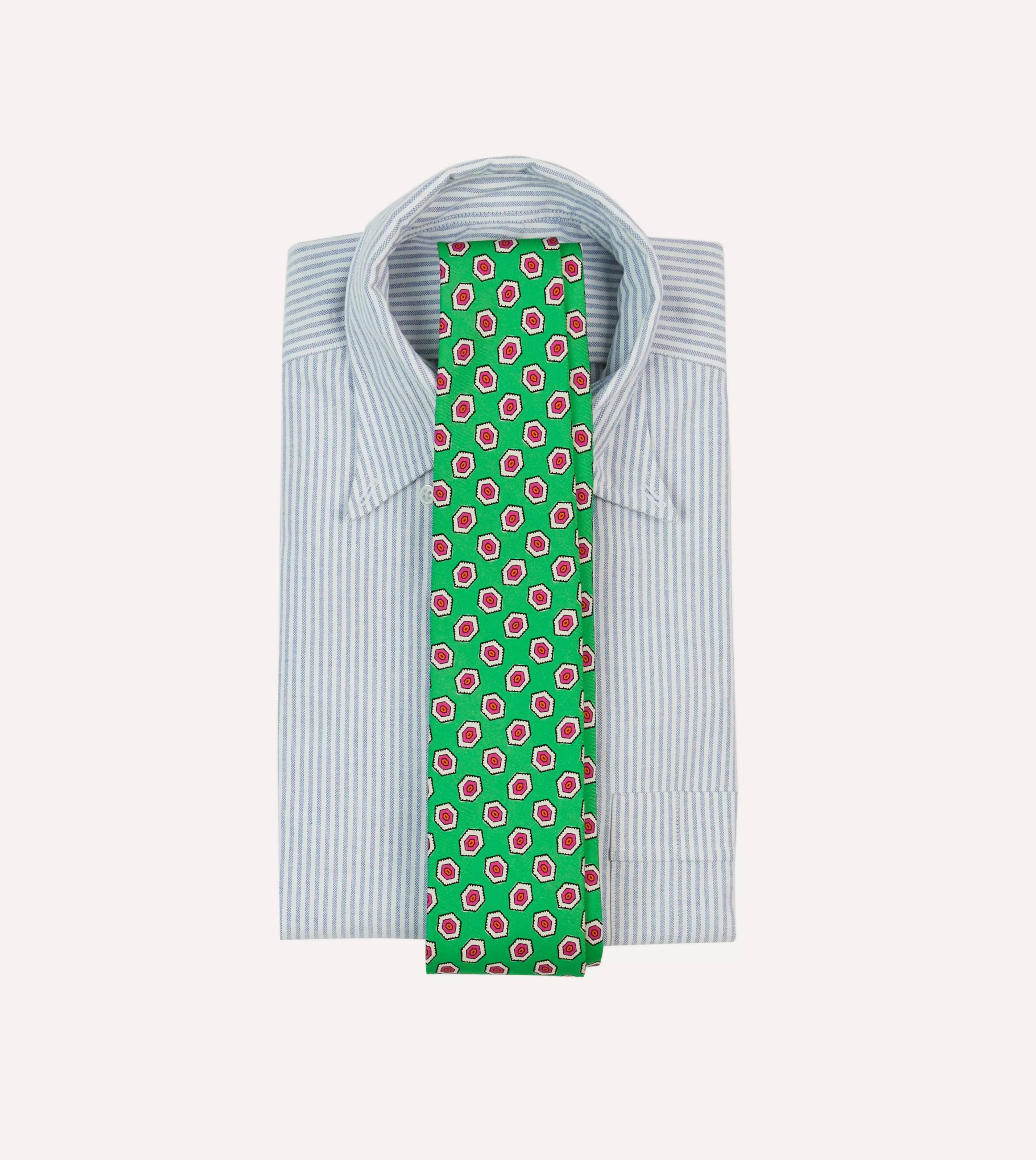 Drake’s Patterned Ties | Hexagon Tile Print Silk Self-Tipped Tie Green