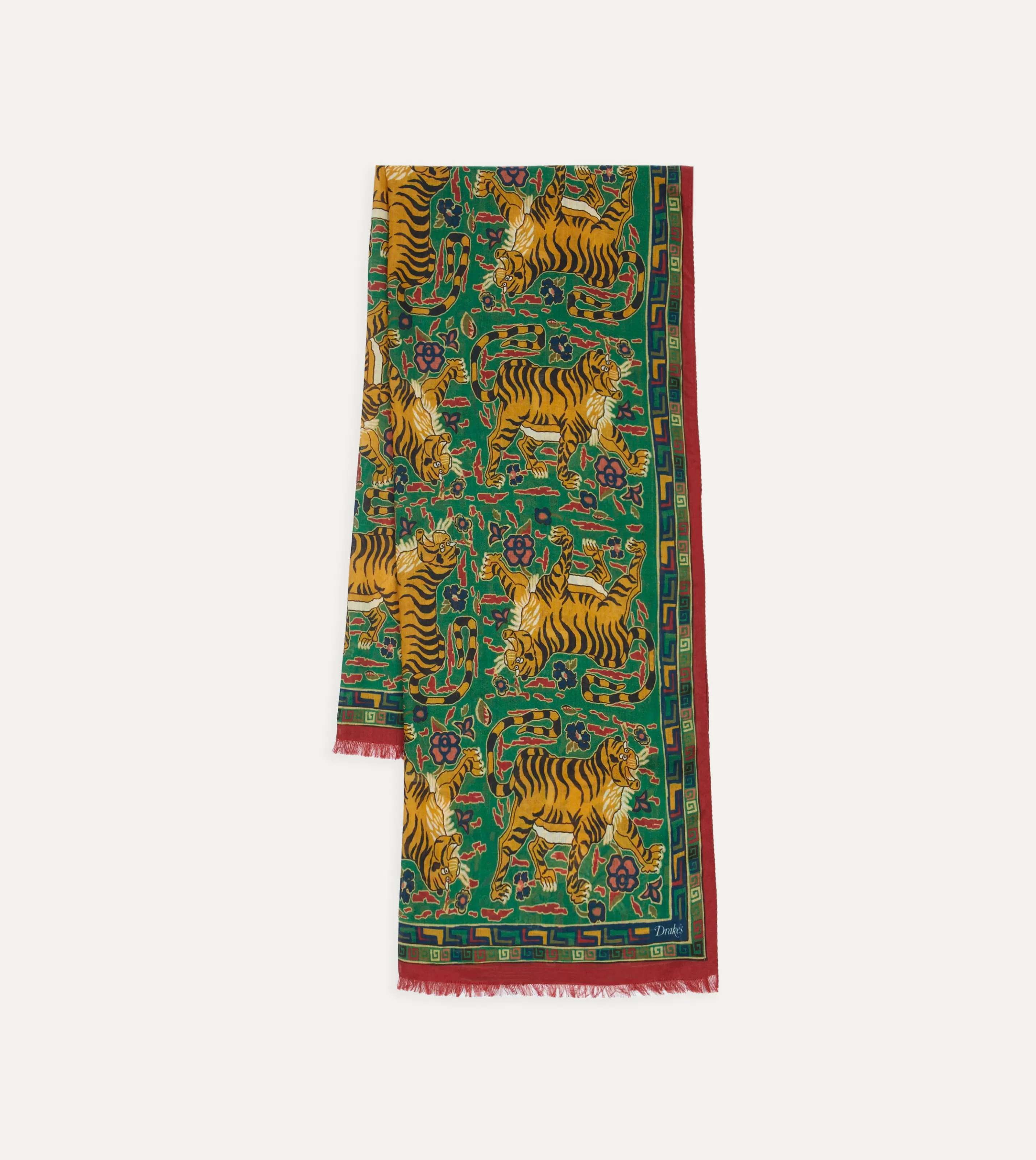 Drake’s Scarves | Green Jumbo Tiger Print Wool-Silk Scarf