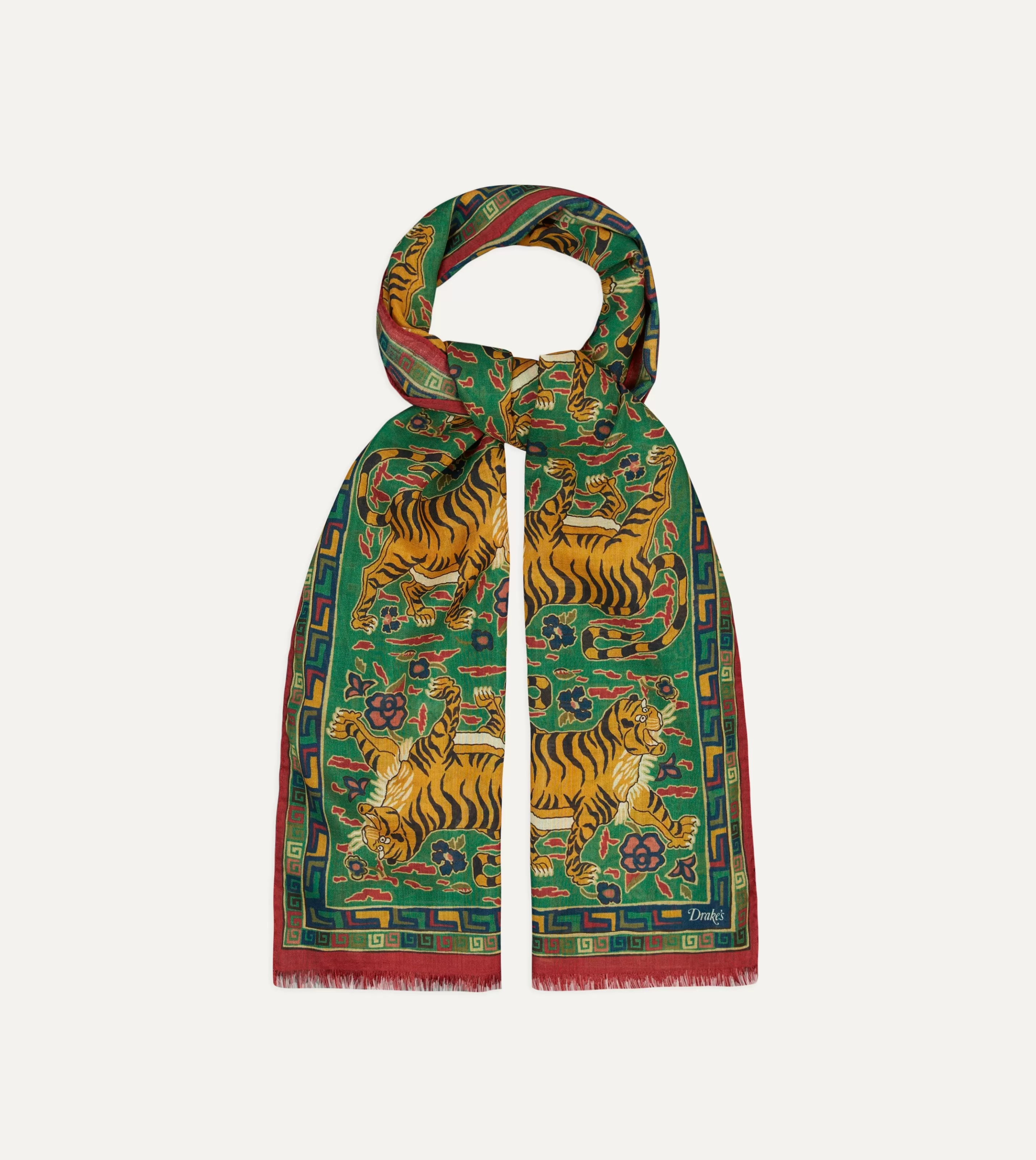 Drake’s Scarves | Green Jumbo Tiger Print Wool-Silk Scarf