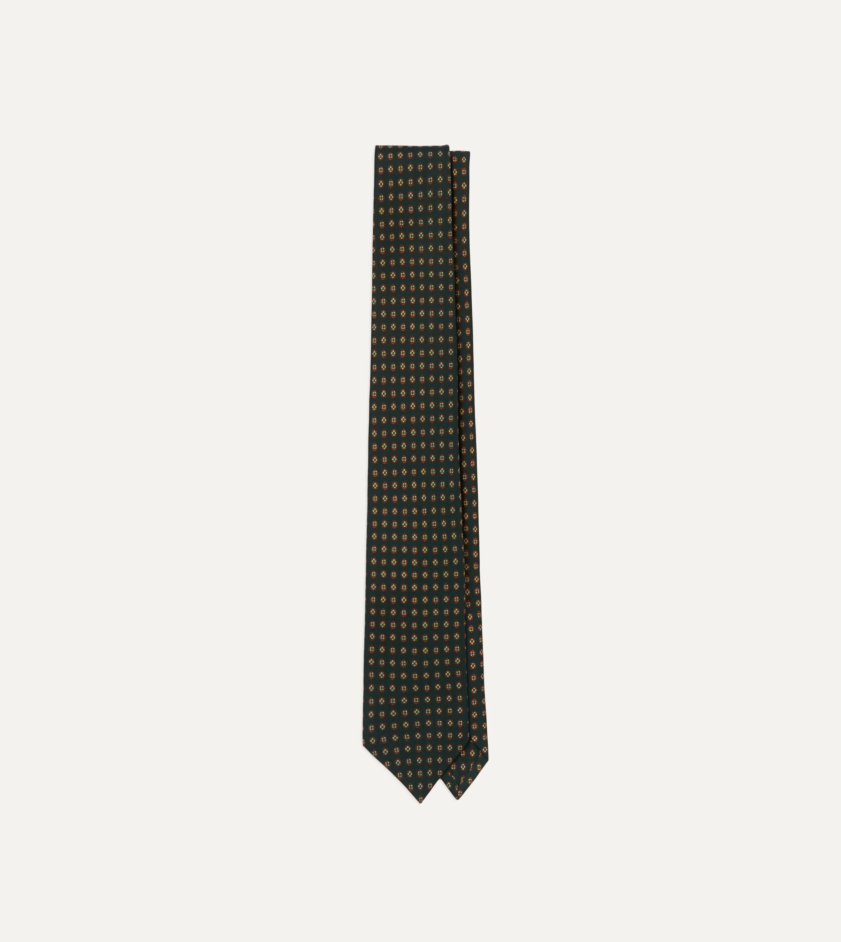 Drake’s Patterned Ties | Green Micro Geometric Print Silk Self Tipped Tie