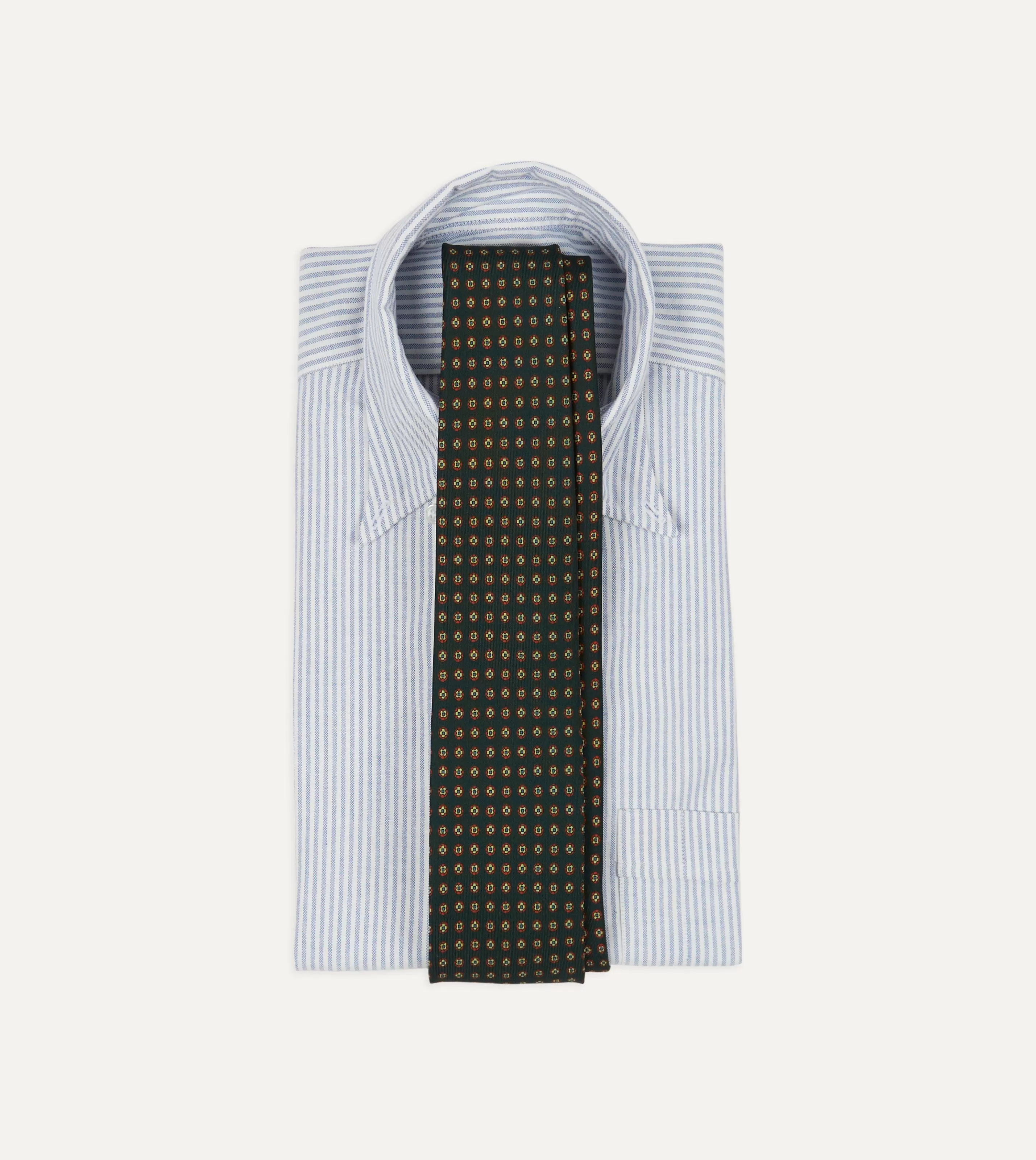 Drake’s Patterned Ties | Green Micro Geometric Print Silk Self Tipped Tie