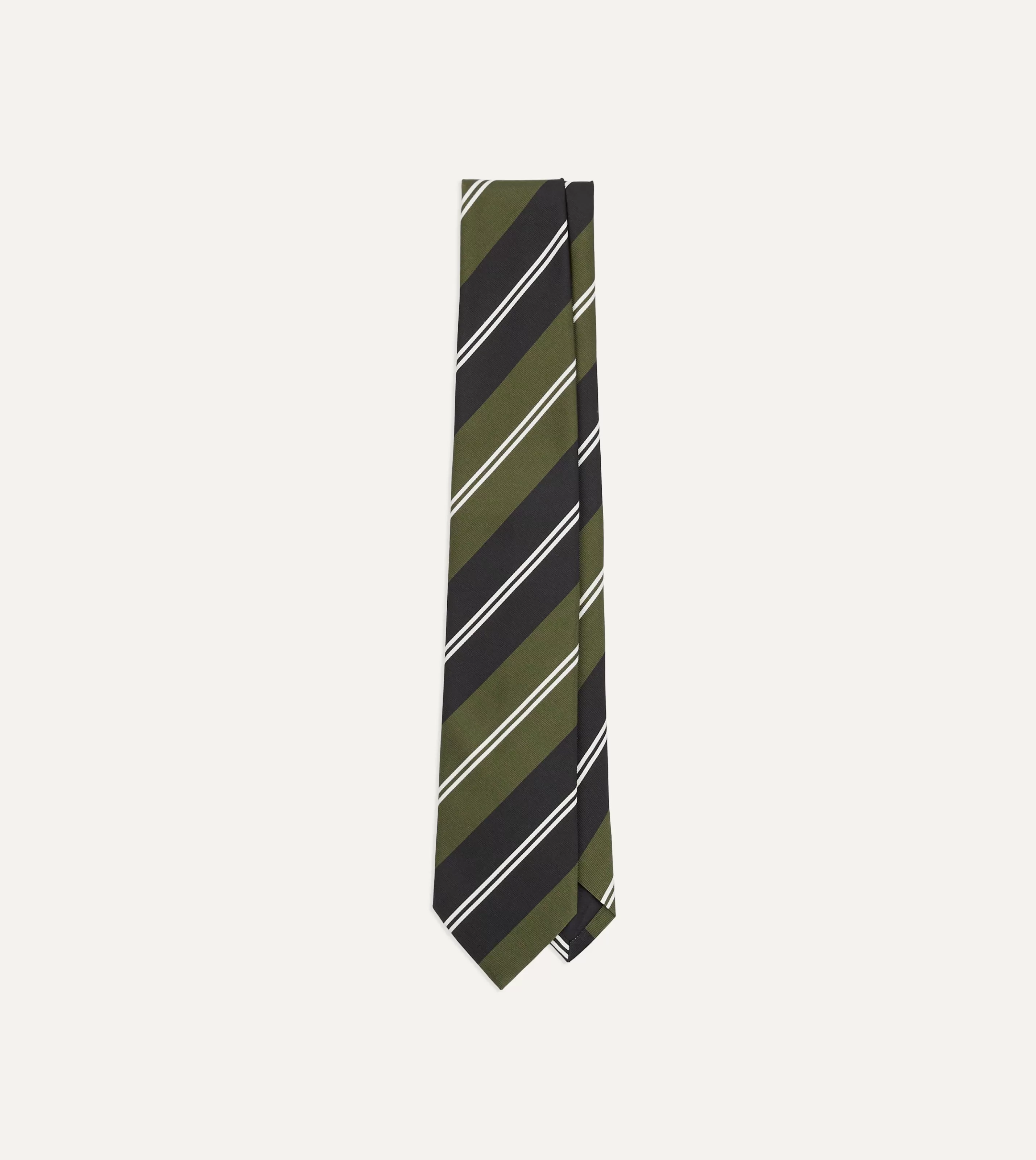 Drake’s Striped Ties | Green, Navy And White Regimental Stripe Mogador Tipped Tie