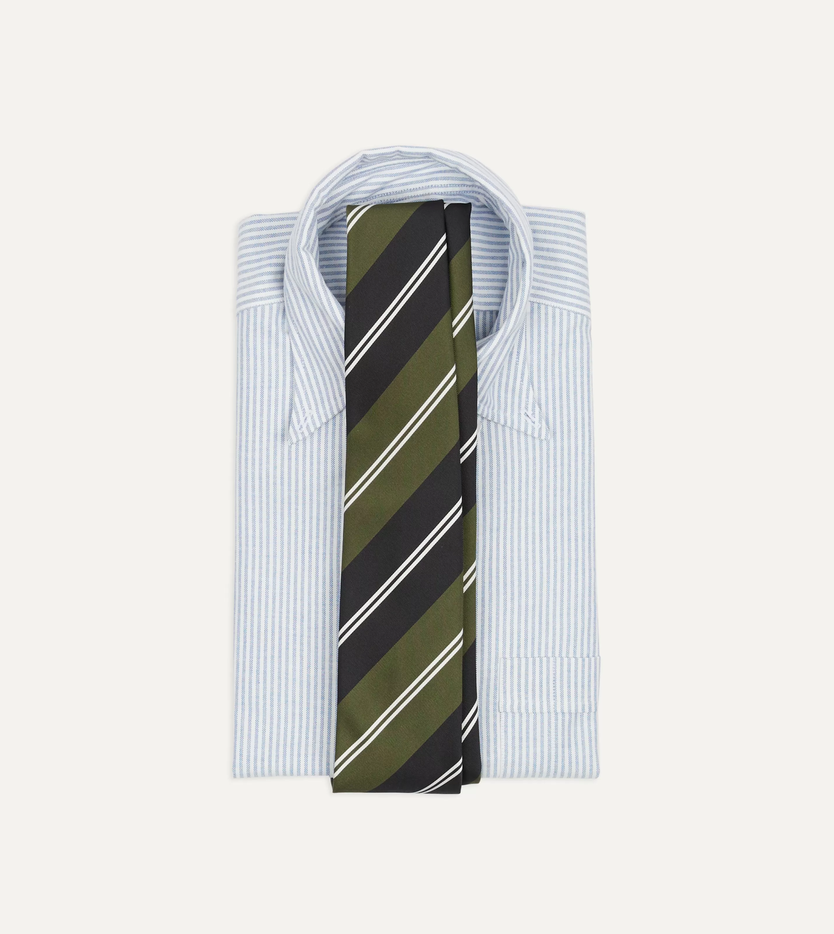 Drake’s Striped Ties | Green, Navy And White Regimental Stripe Mogador Tipped Tie