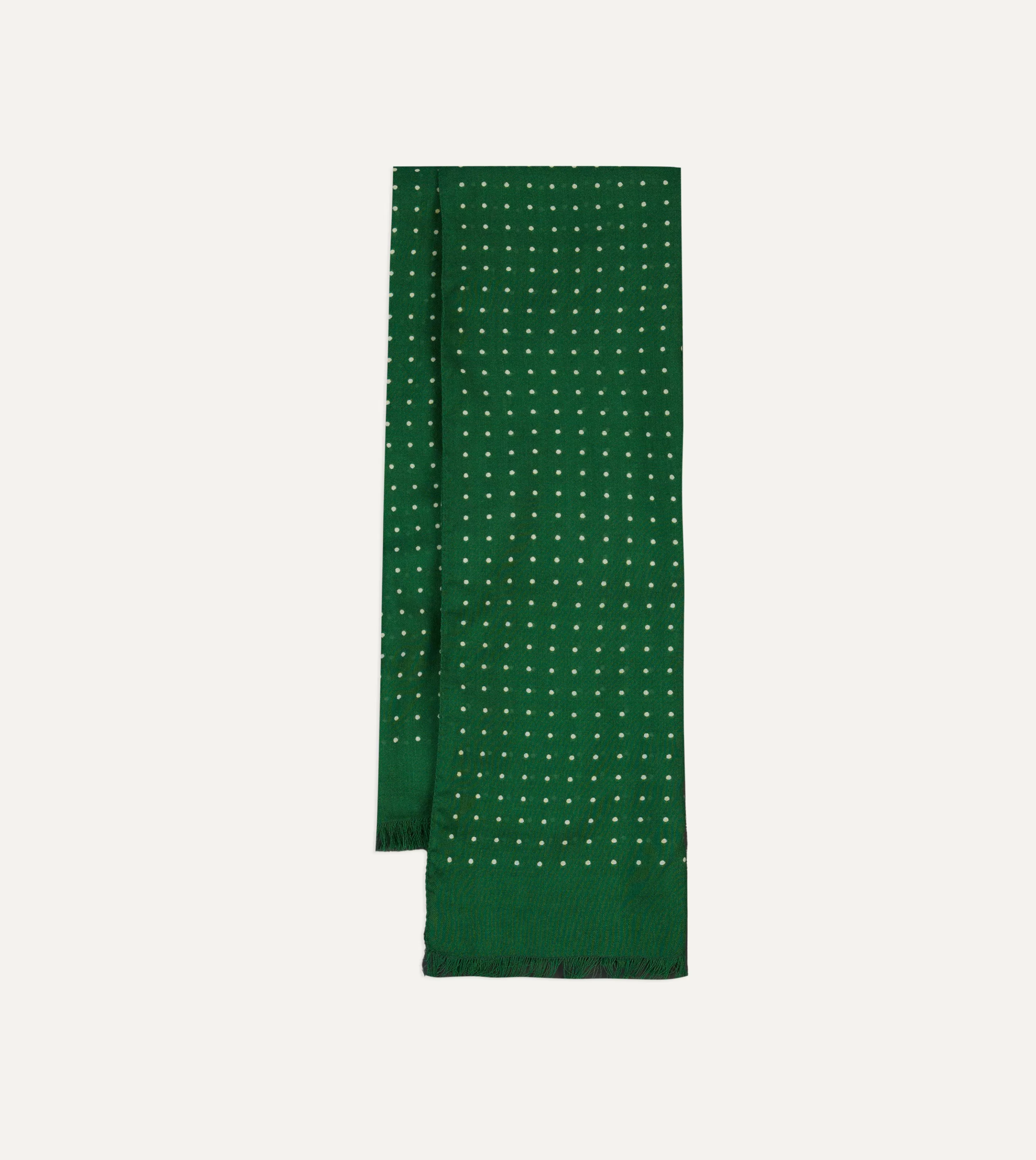 Drake’s Scarves | Green Polka Dot Print Tubular Silk Tasselled Scarf