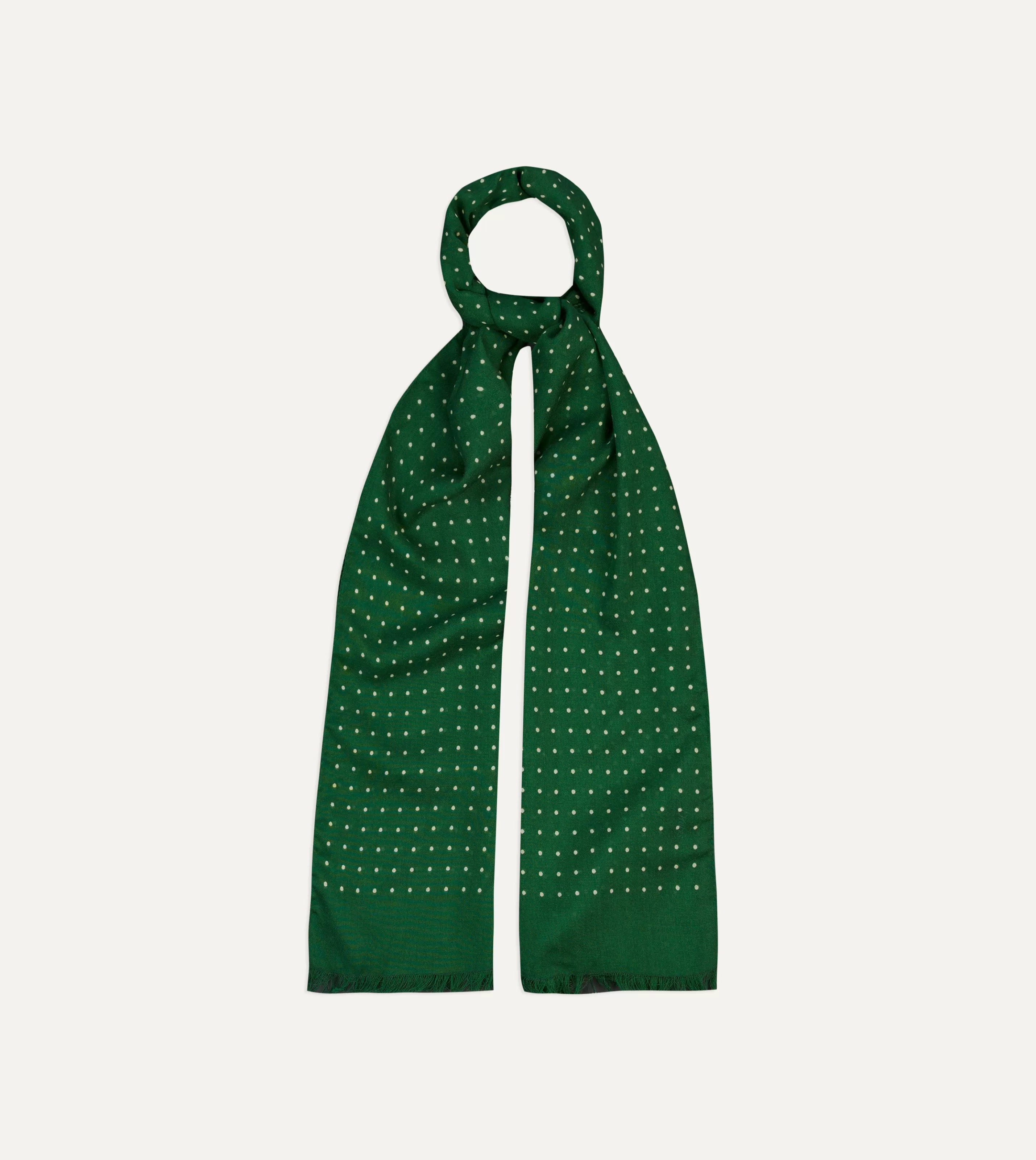 Drake’s Scarves | Green Polka Dot Print Tubular Silk Tasselled Scarf