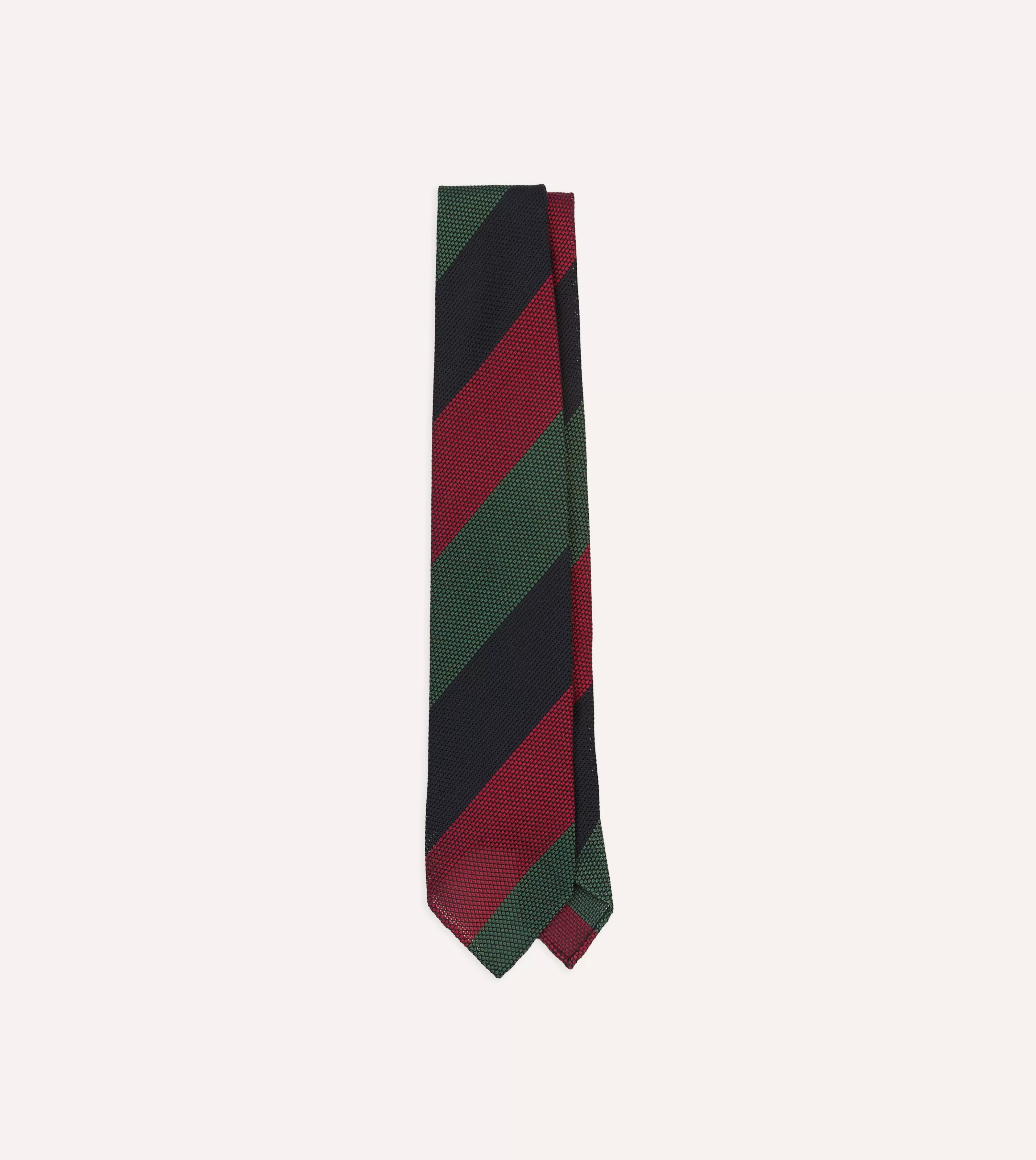 Drake’s Striped Ties | Green, Red And Navy Wide Stripe Hand Rolled Silk Grenadine Tie