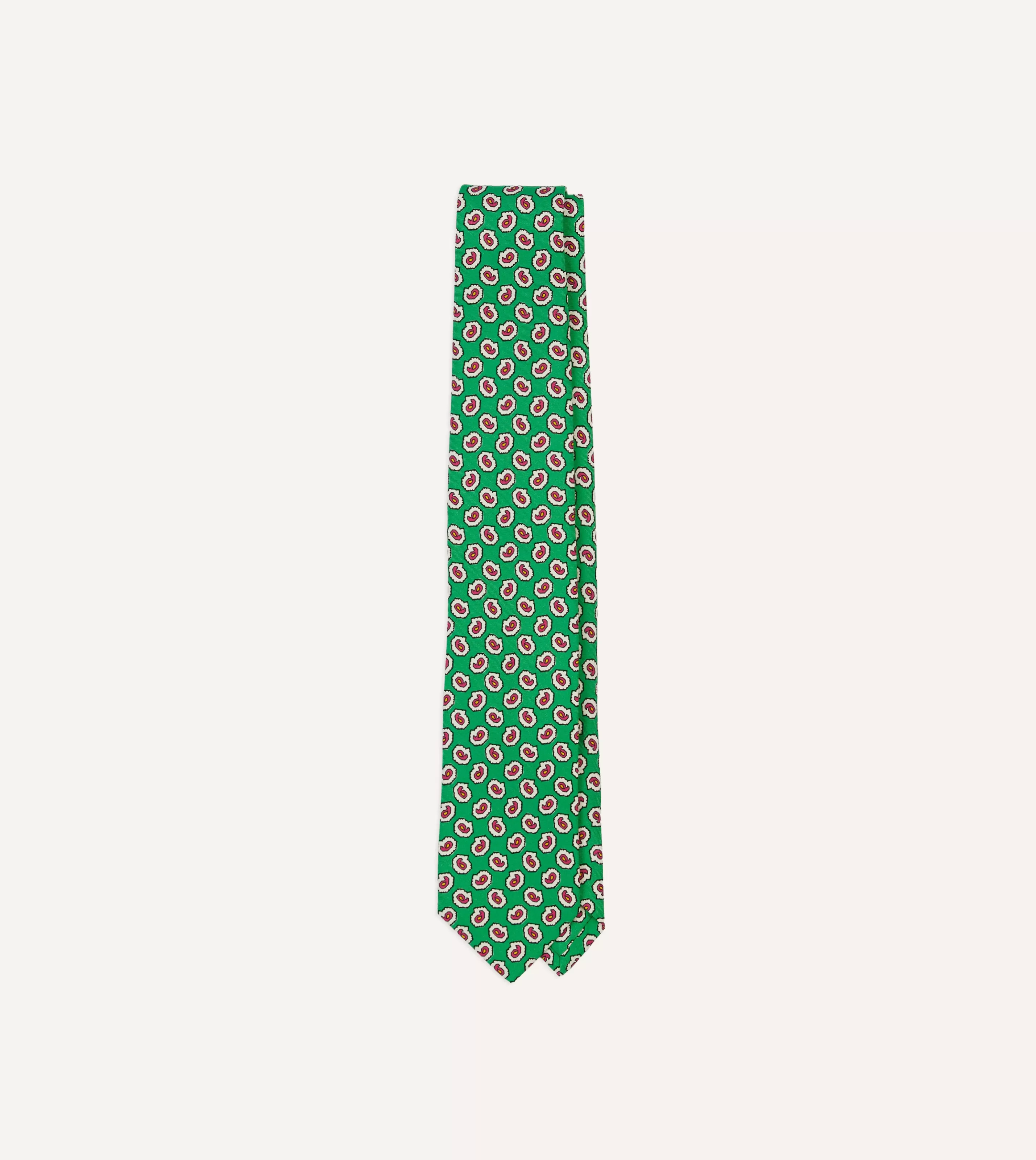 Drake’s Patterned Ties | Small Paisley Leaf Print Silk Self Tipped Tie Green