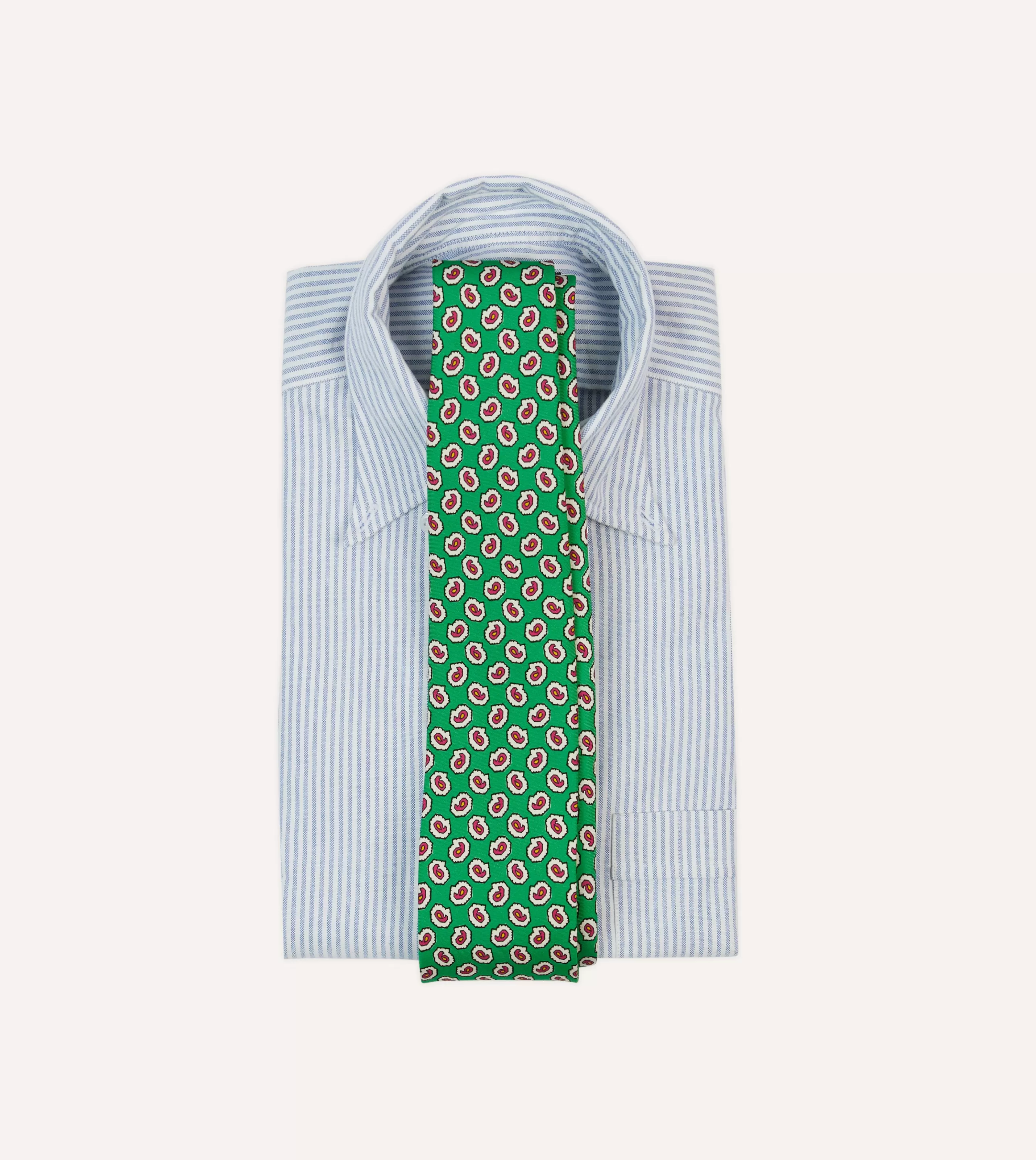 Drake’s Patterned Ties | Small Paisley Leaf Print Silk Self Tipped Tie Green