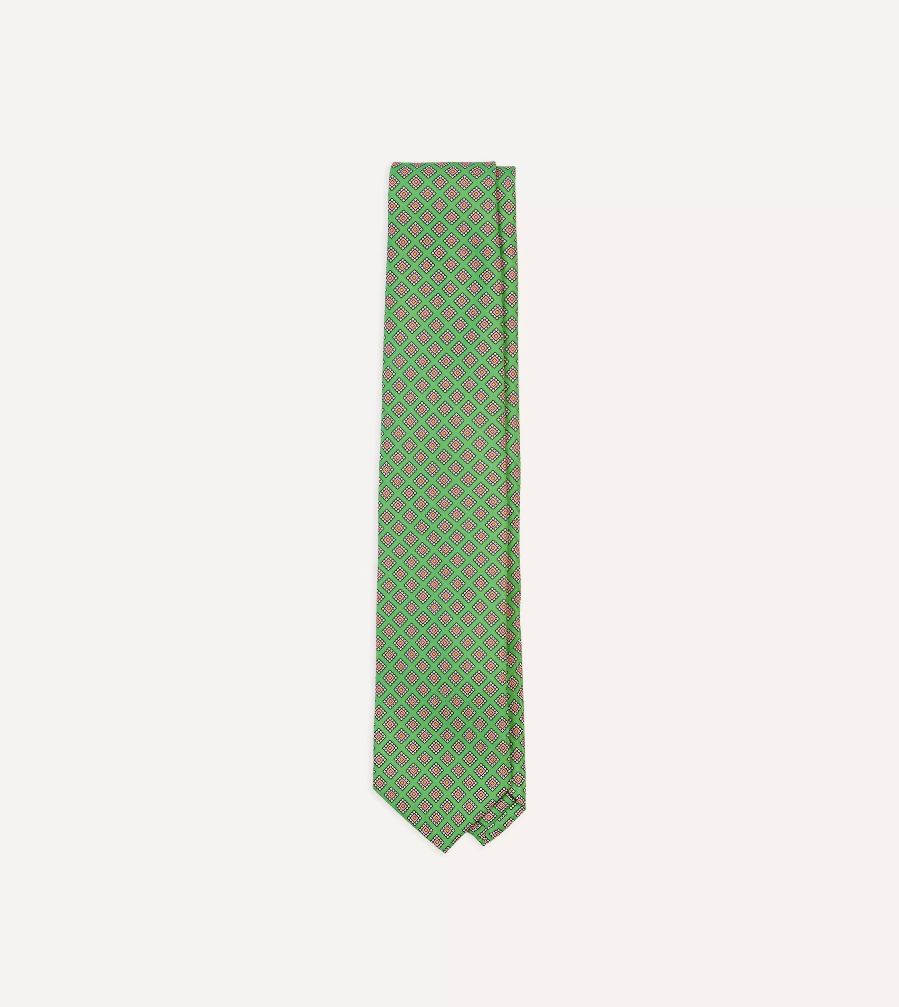 Drake’s Patterned Ties | Square Medallion Self-Tipped Silk Tie Green