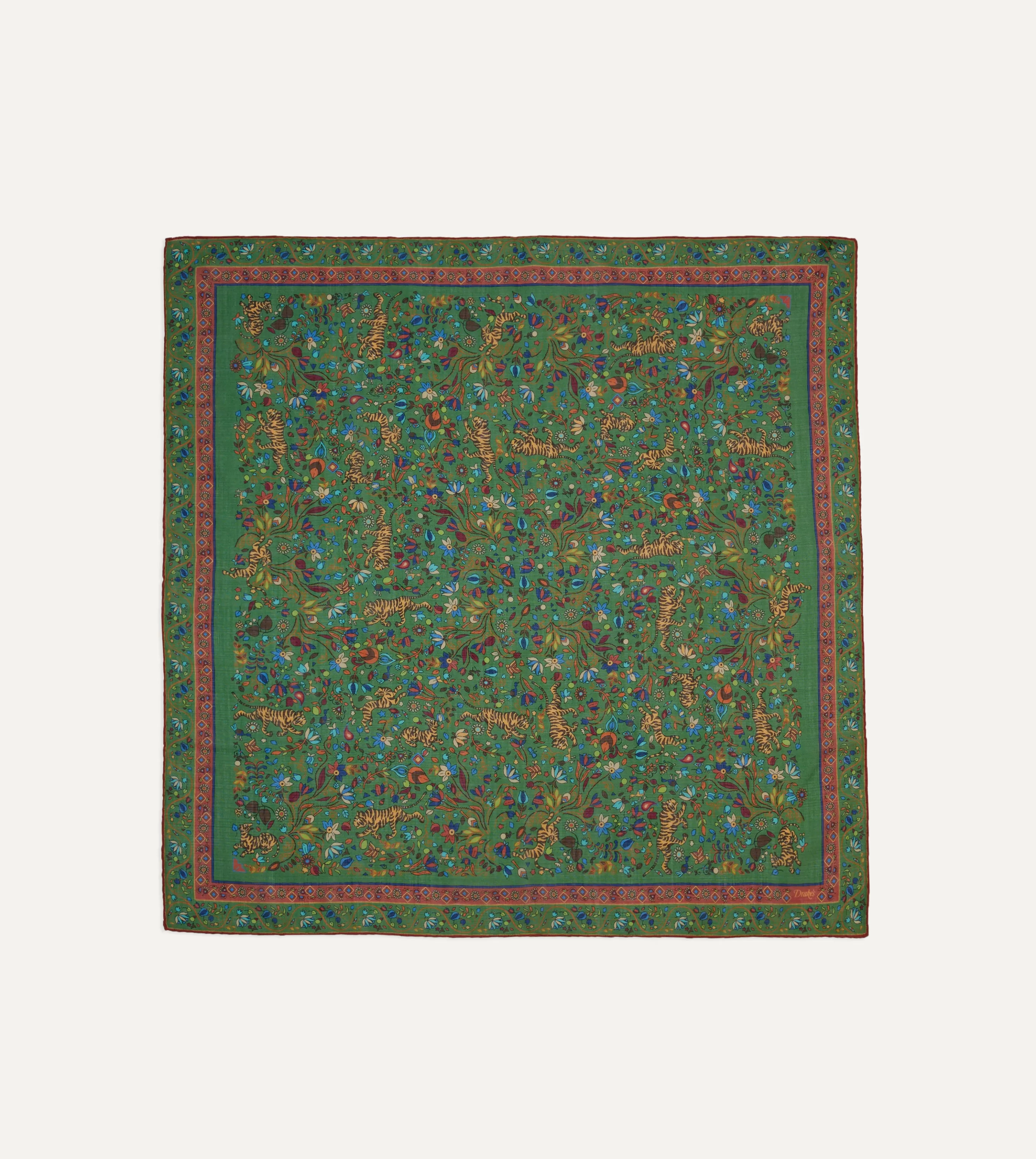 Drake’s Scarves | Green Summer Tigers Print Wool-Silk Square Scarf