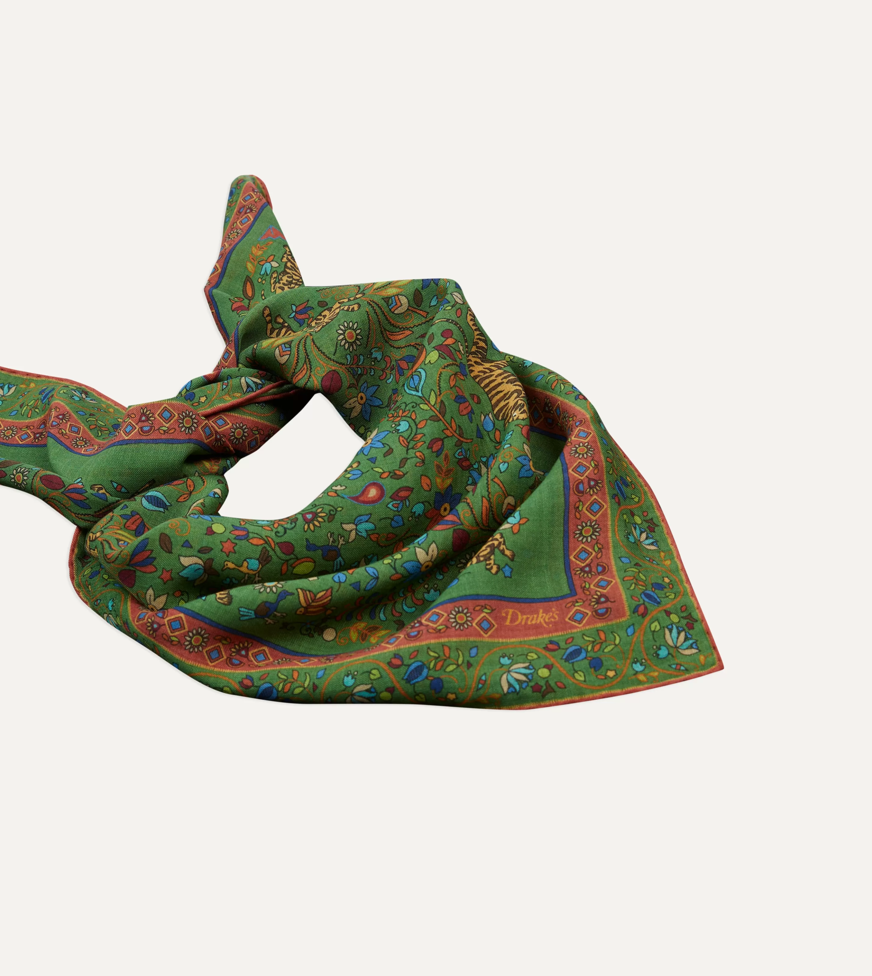 Drake’s Scarves | Green Summer Tigers Print Wool-Silk Square Scarf