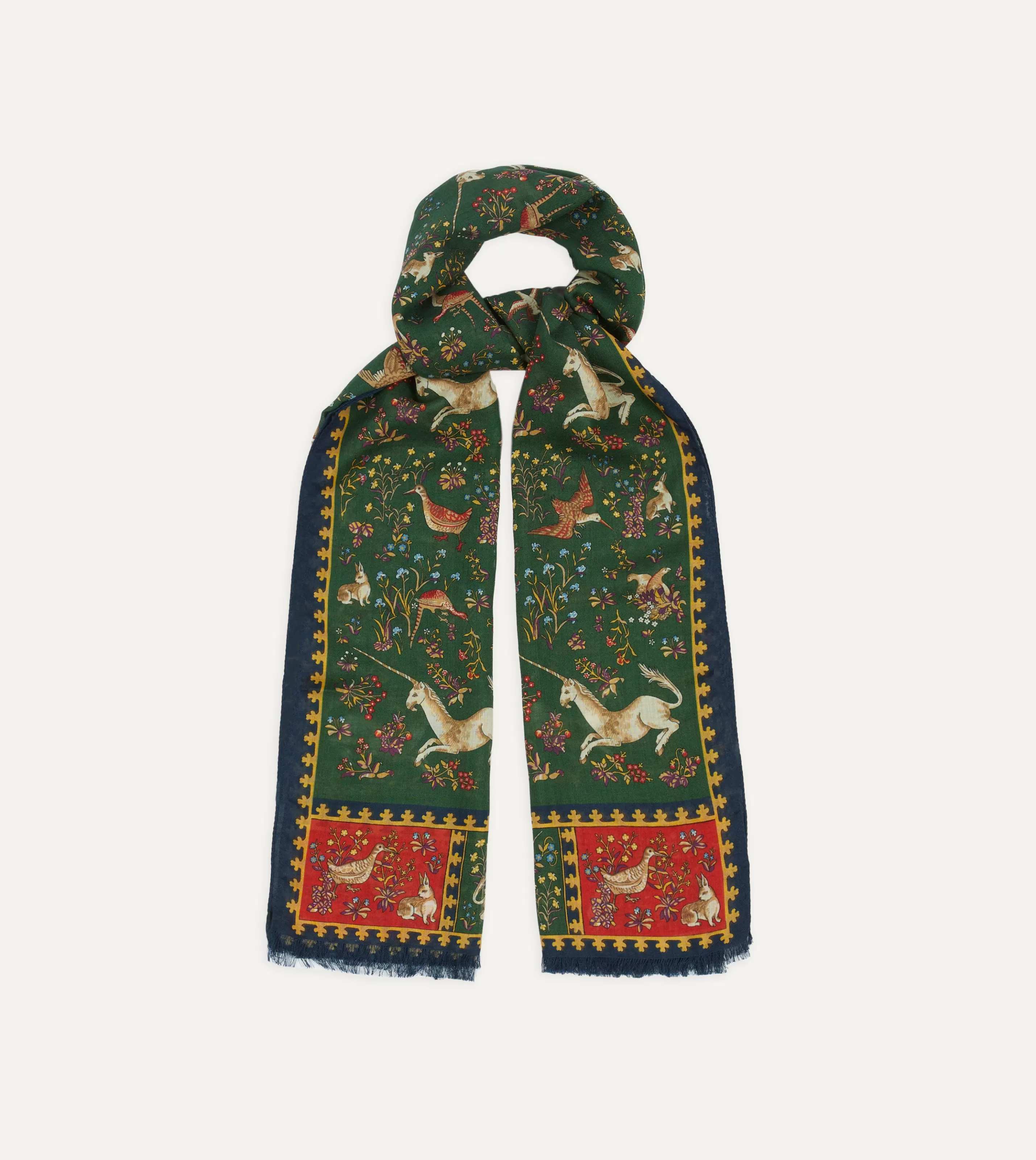 Drake’s Scarves | Scarves | Green Unicorn Print Wool-Silk Scarf