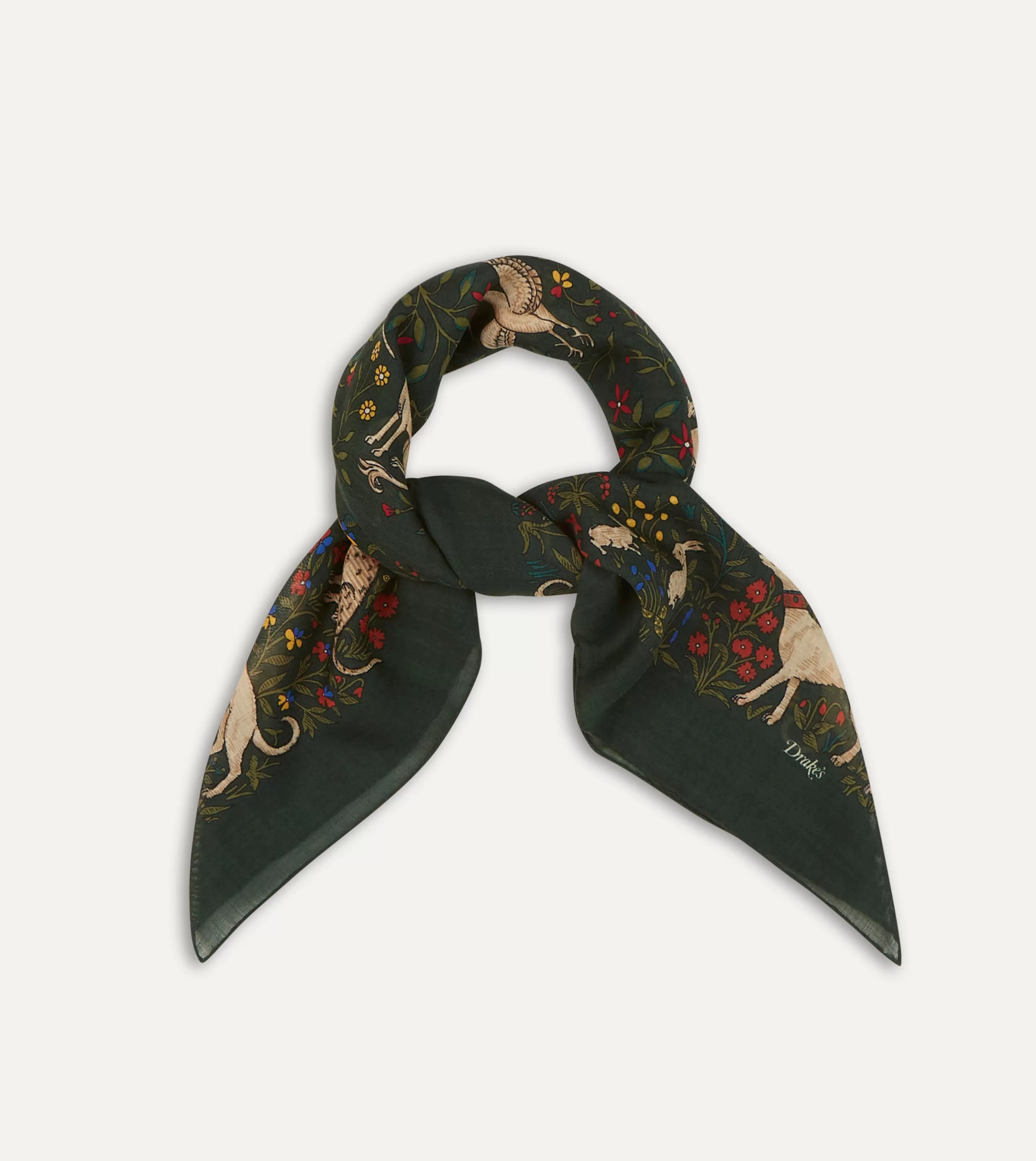 Drake’s Scarves | Scarves | Green Unicorn Print Wool-Silk Square Scarf