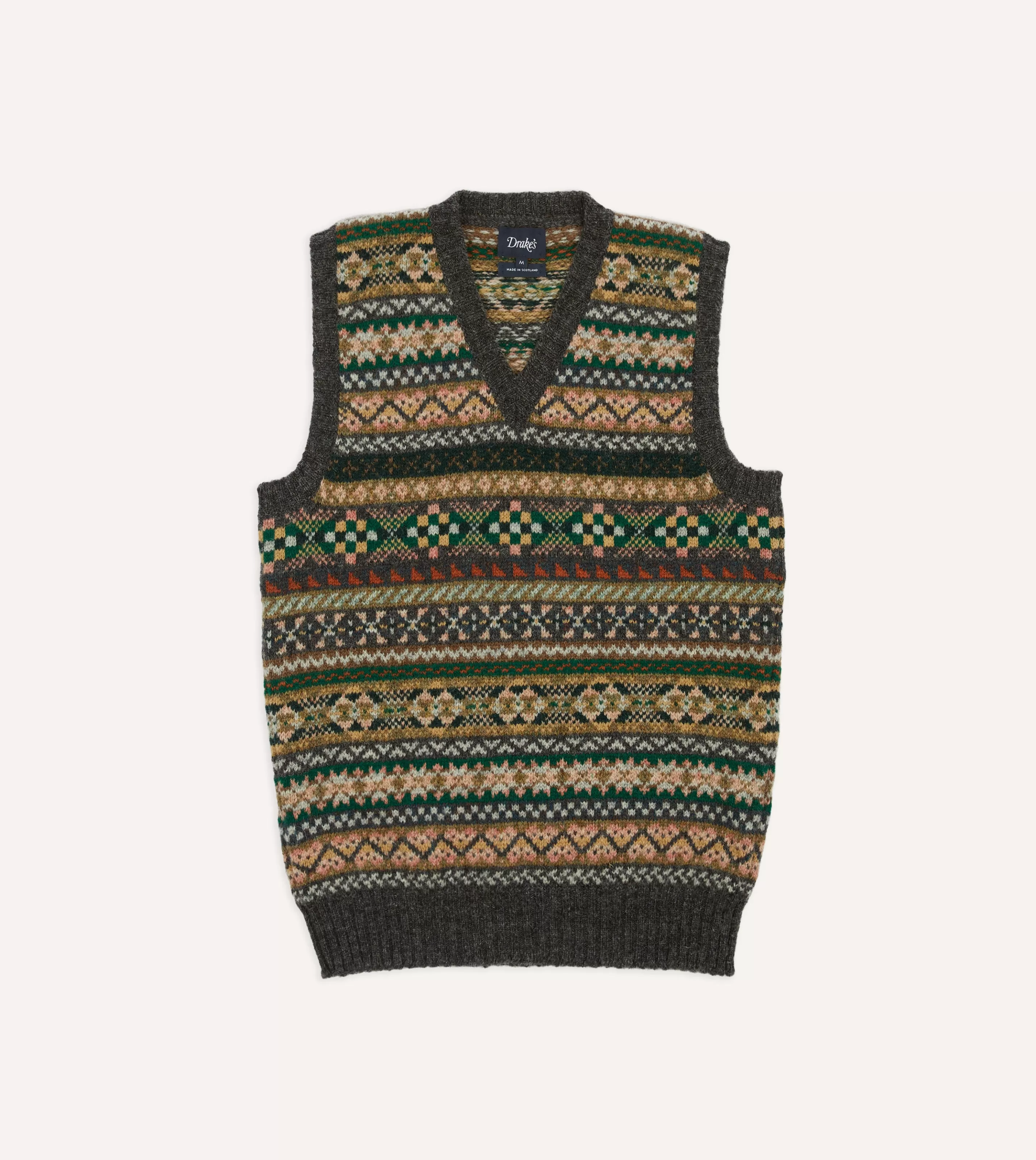 Drake’s Knitwear | Grey Fair Isle Lambswool Sleeveless V-Neck Jumper