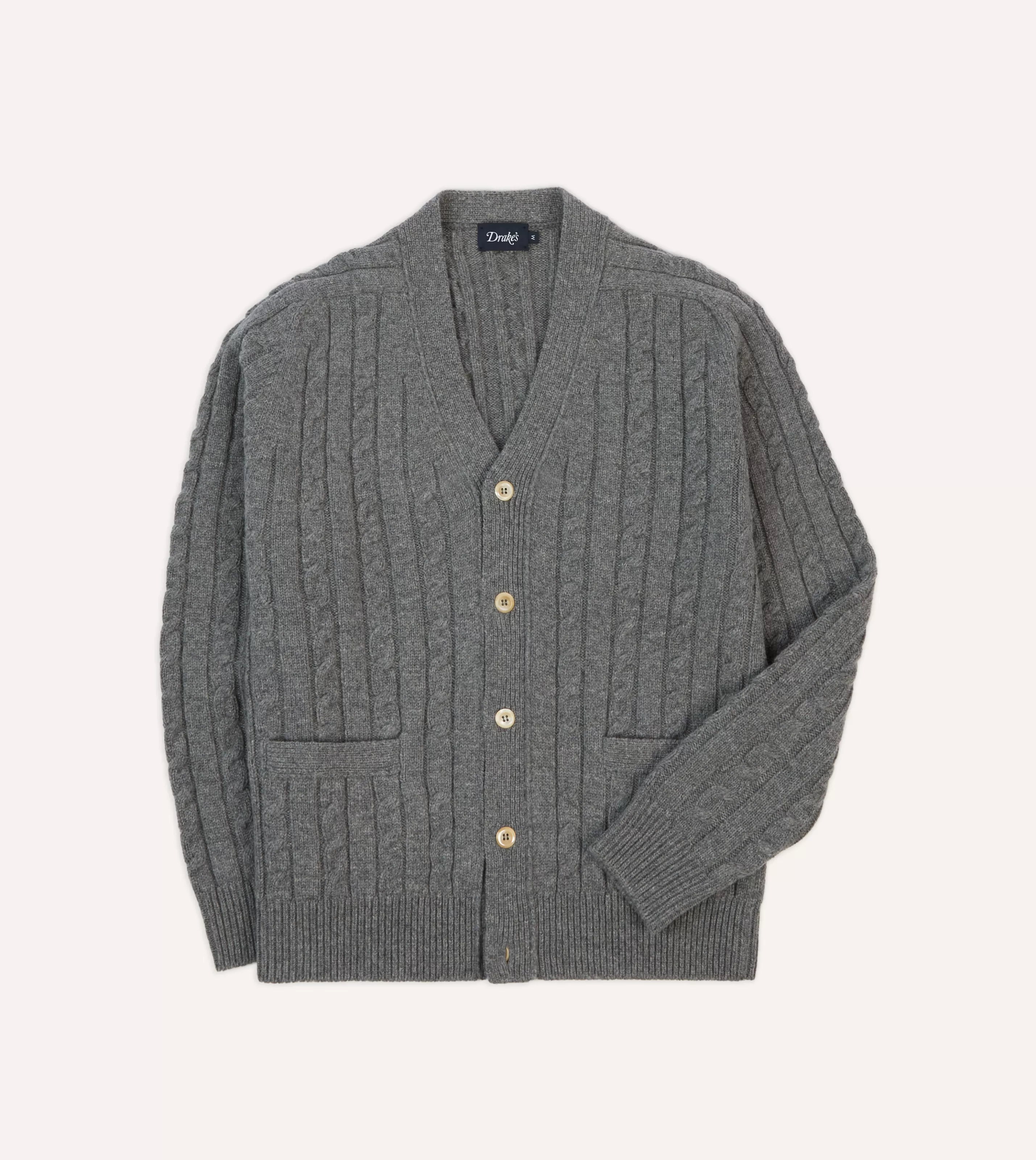 Drake’s Knitwear | Grey Lambswool 6 Button Cable Knit Cardigan