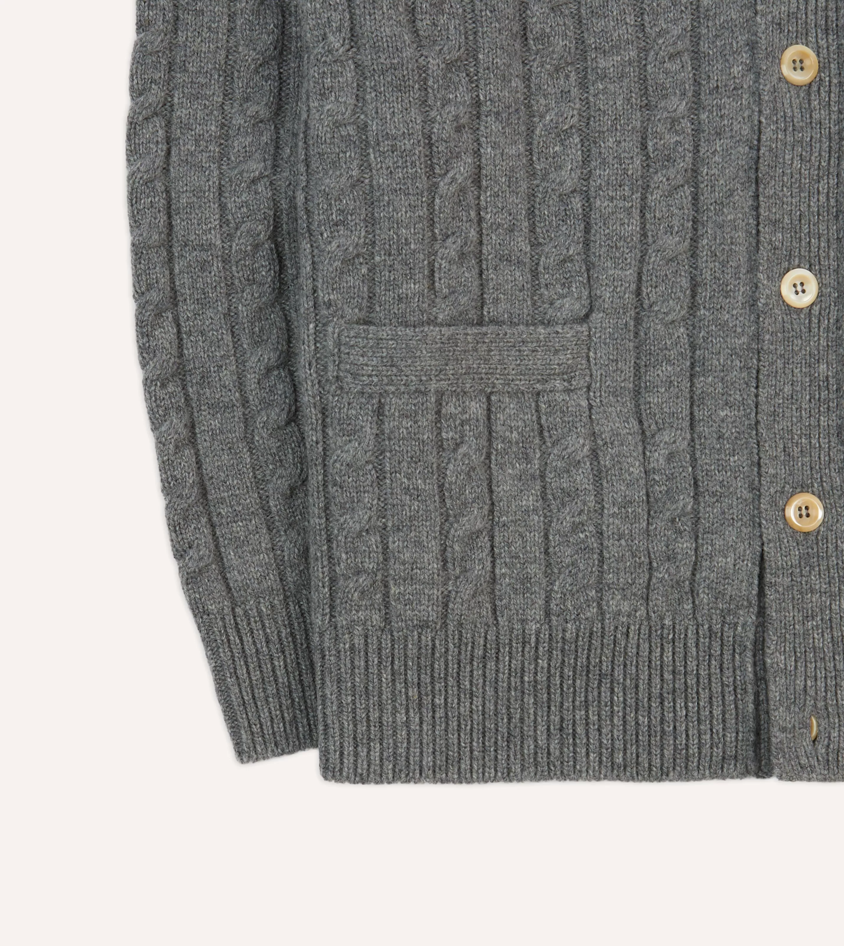 Drake’s Knitwear | Grey Lambswool 6 Button Cable Knit Cardigan