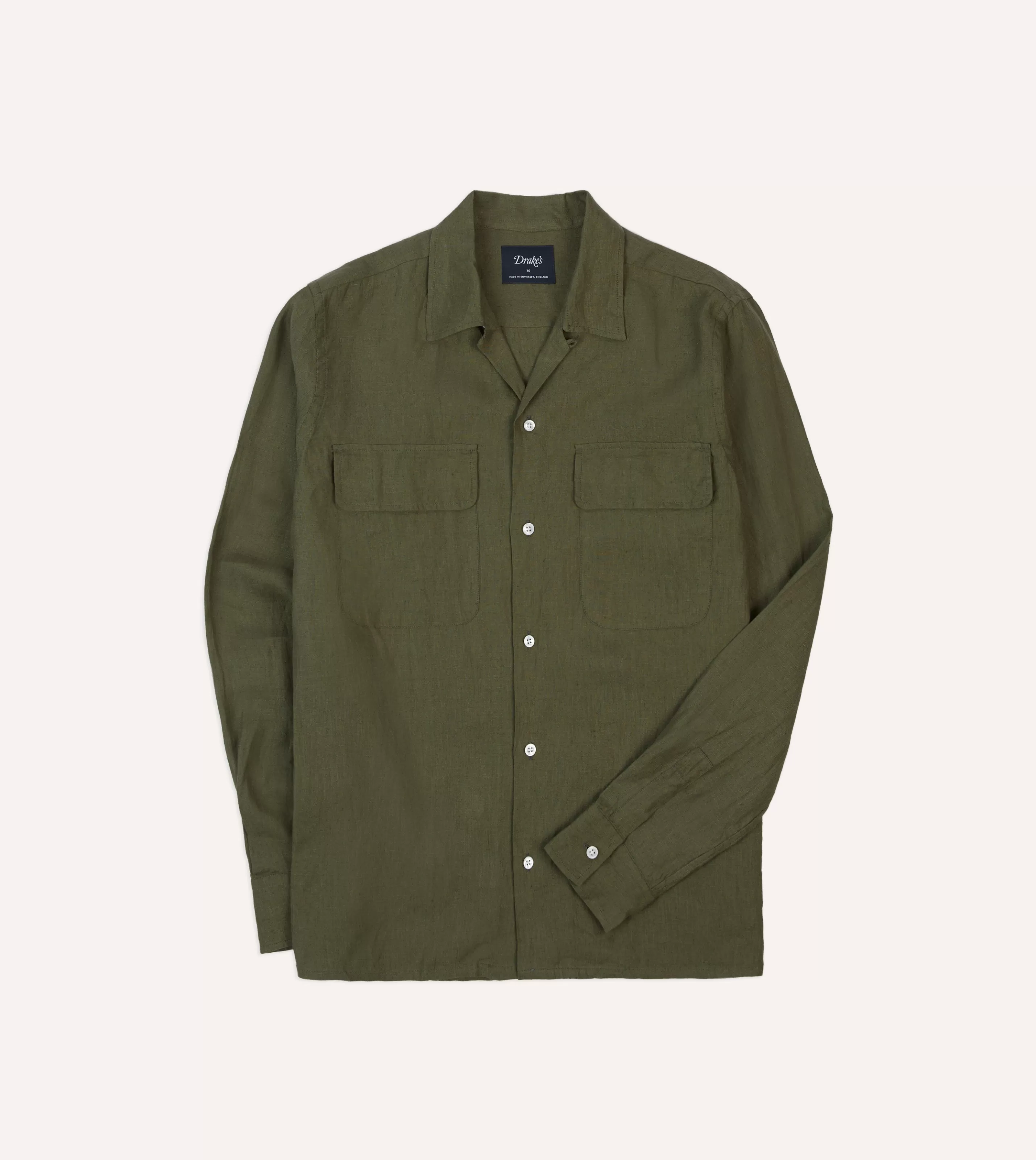 Drake’s Shirts | Casual Shirts | Linen Camp Collar Long Sleeve Shirt Khaki