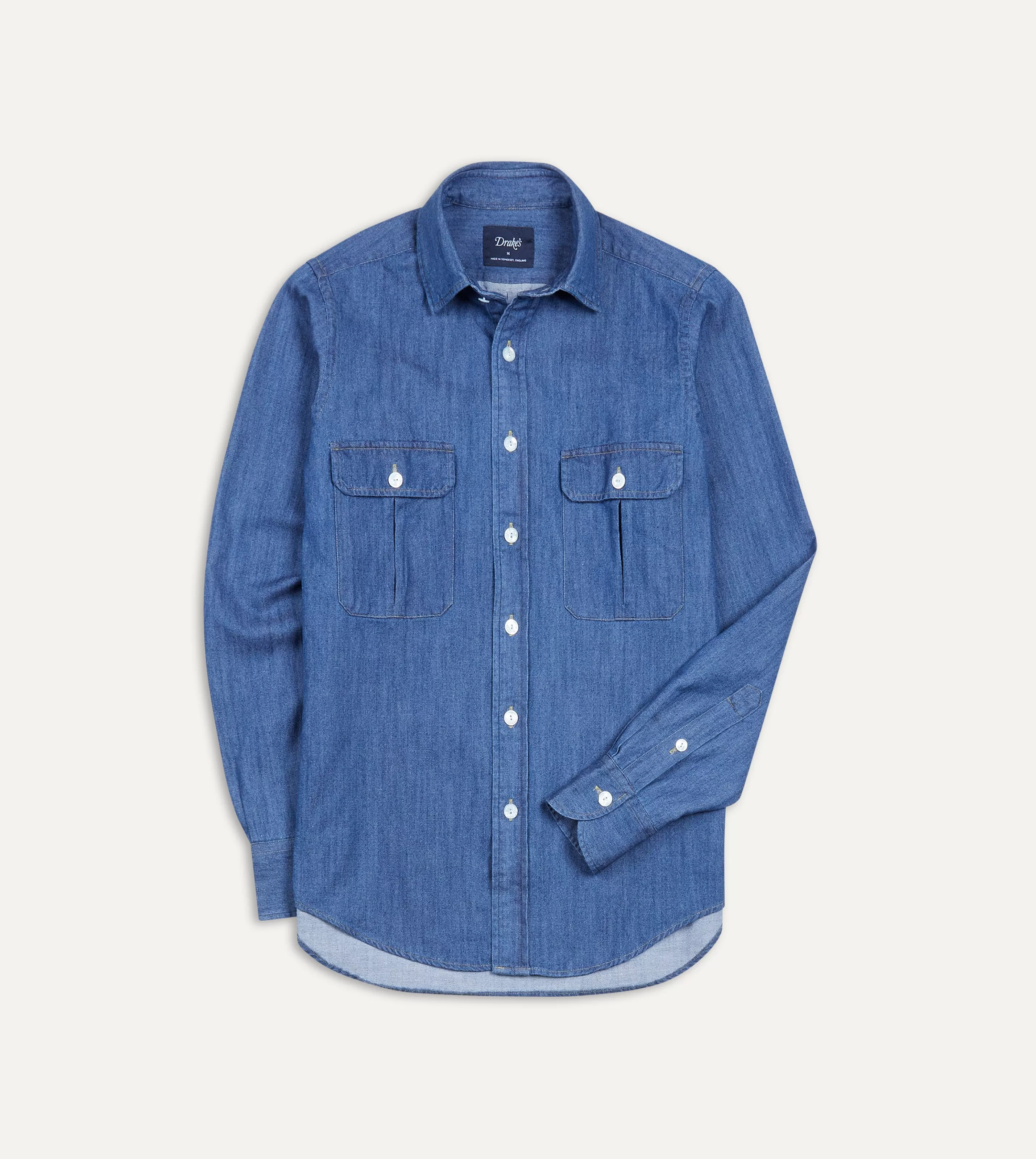 Drake’s Shirts | Denim | Mid-Blue Washed Denim Cotton Two-Pocket Work Shirt