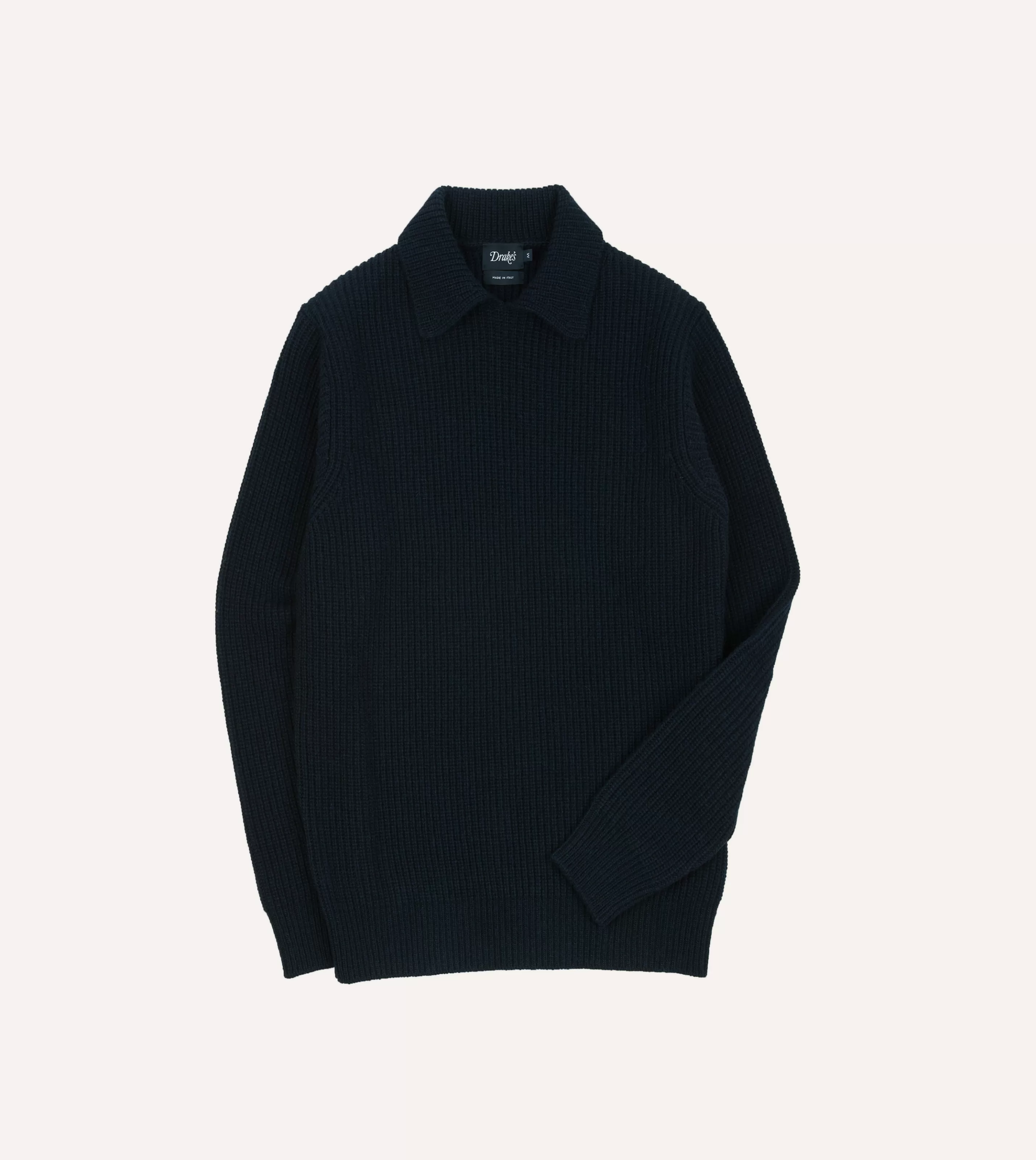 Drake’s Knitwear | Alpaca Lambswool Ribbed Integral Collar Jumper Navy