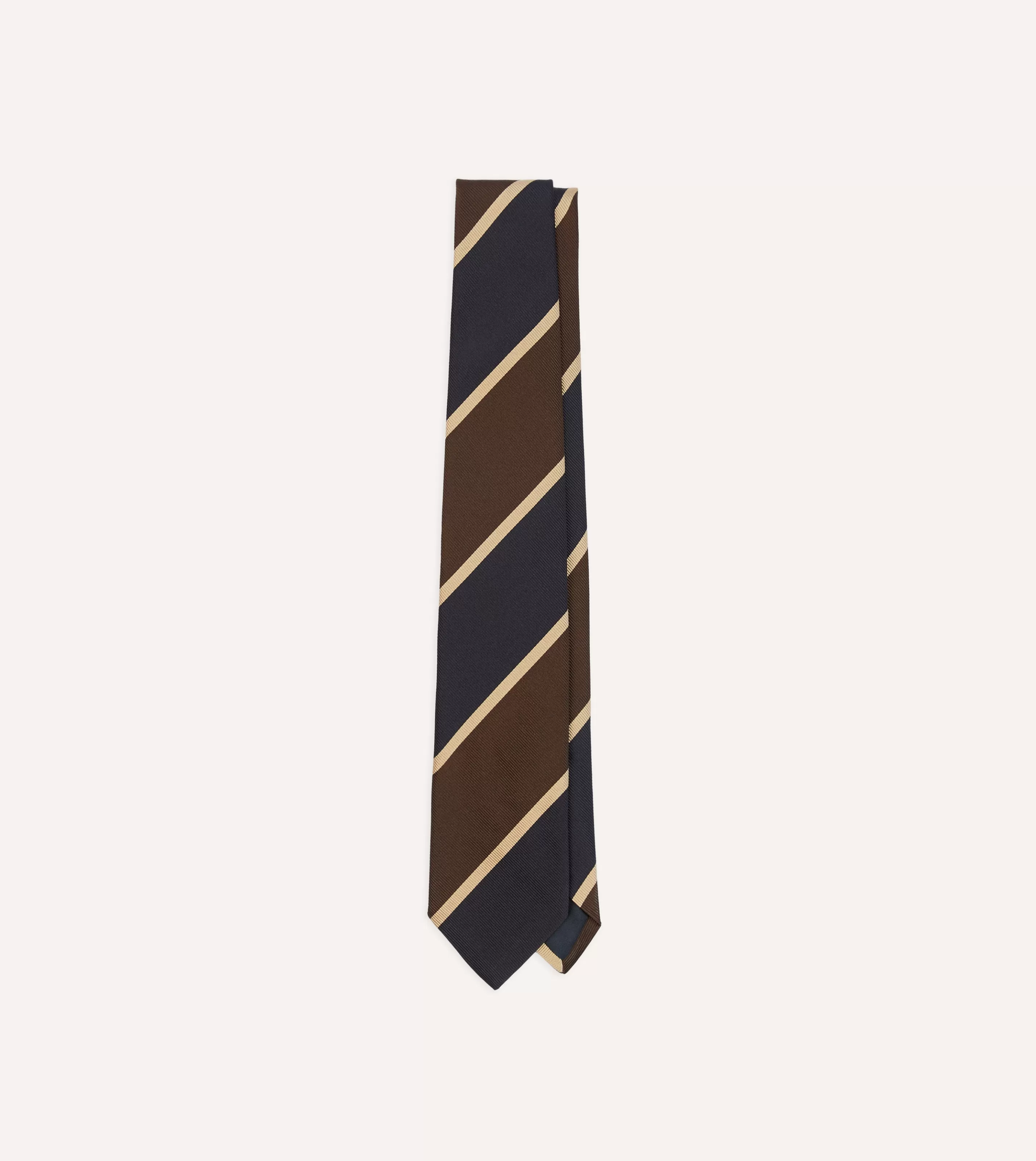Drake’s Striped Ties | Navy And Brown Broad Stripe Mogador Silk Tipped Tie