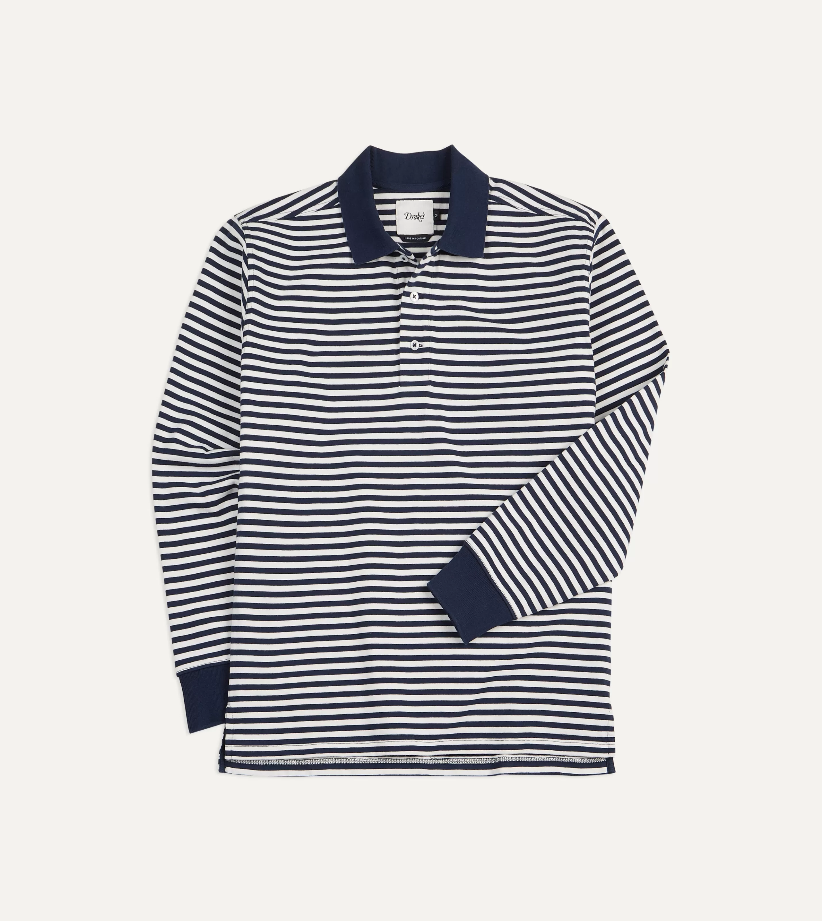 Drake’s Polos & Sweatshirts | Rugby Shirts | Navy And Ecru Stripe Knitted Jersey Cotton Long-Sleeve Polo Shirt