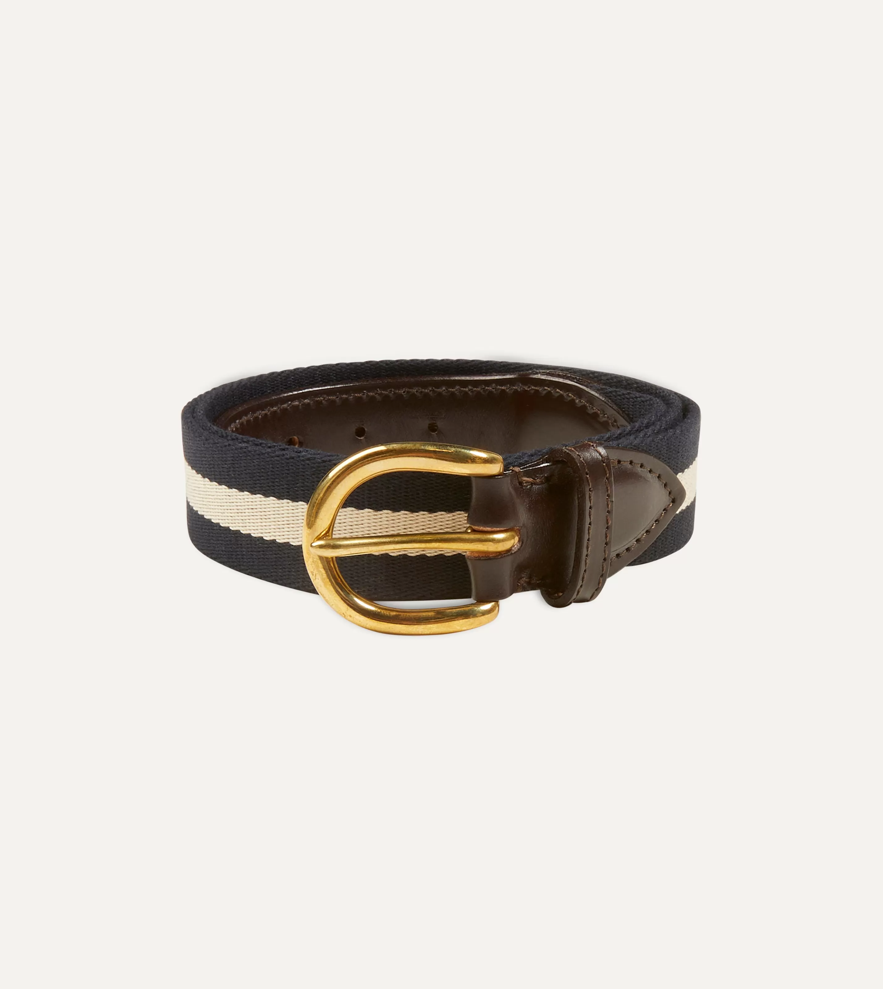 Drake’s Belts | Belts | Navy And Ecru Stripe Webbing And Leather Belt With Brass Buckle