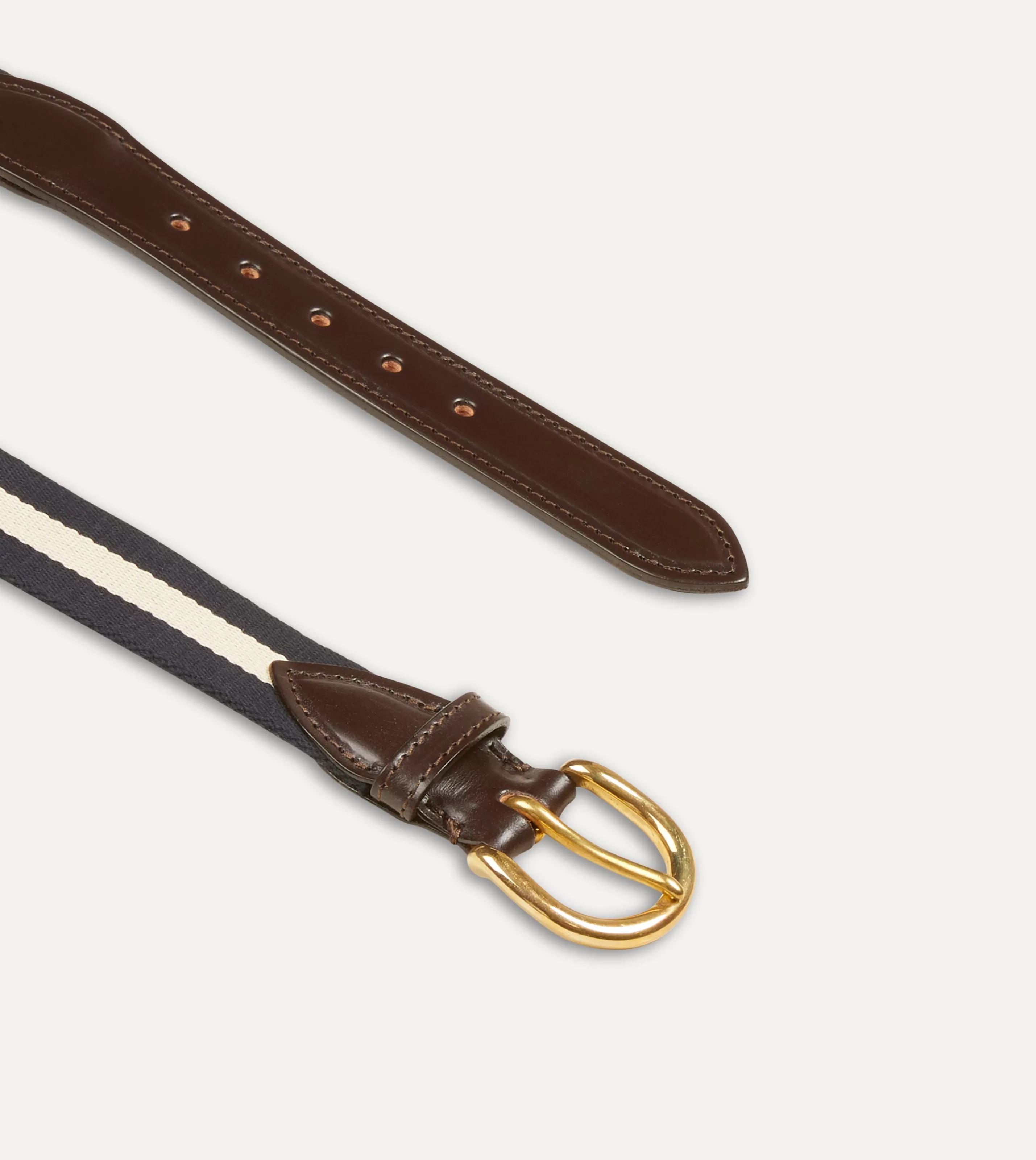 Drake’s Belts | Belts | Navy And Ecru Stripe Webbing And Leather Belt With Brass Buckle