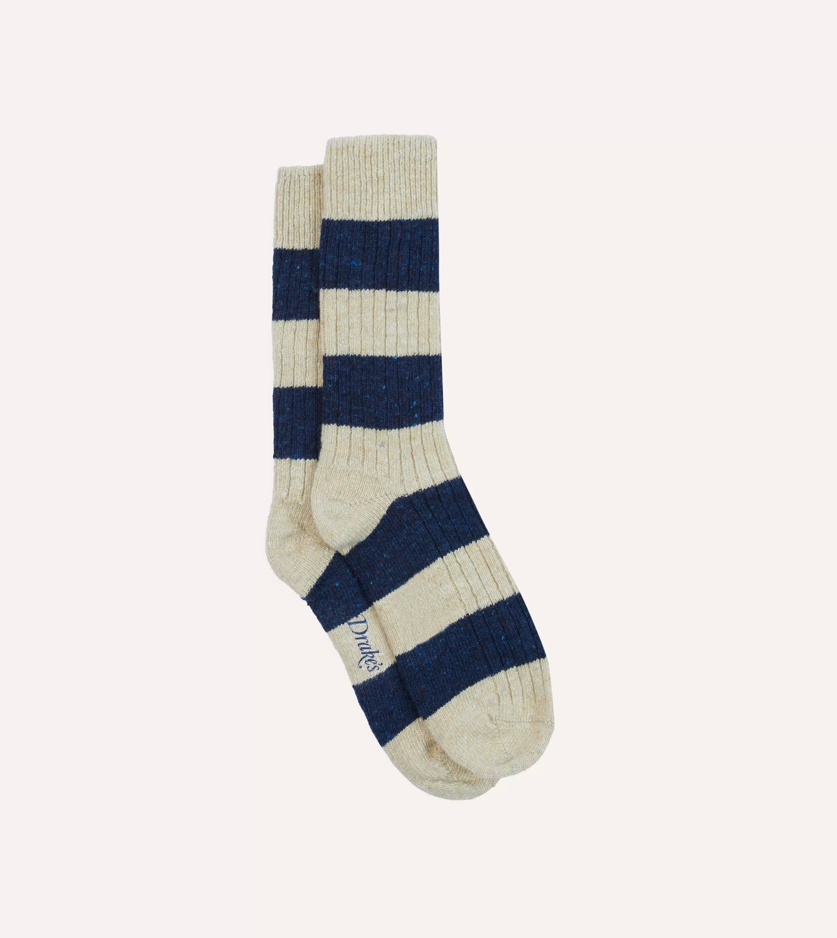 Drake’s Socks | Navy And Ecru Striped Donegal Wool Socks