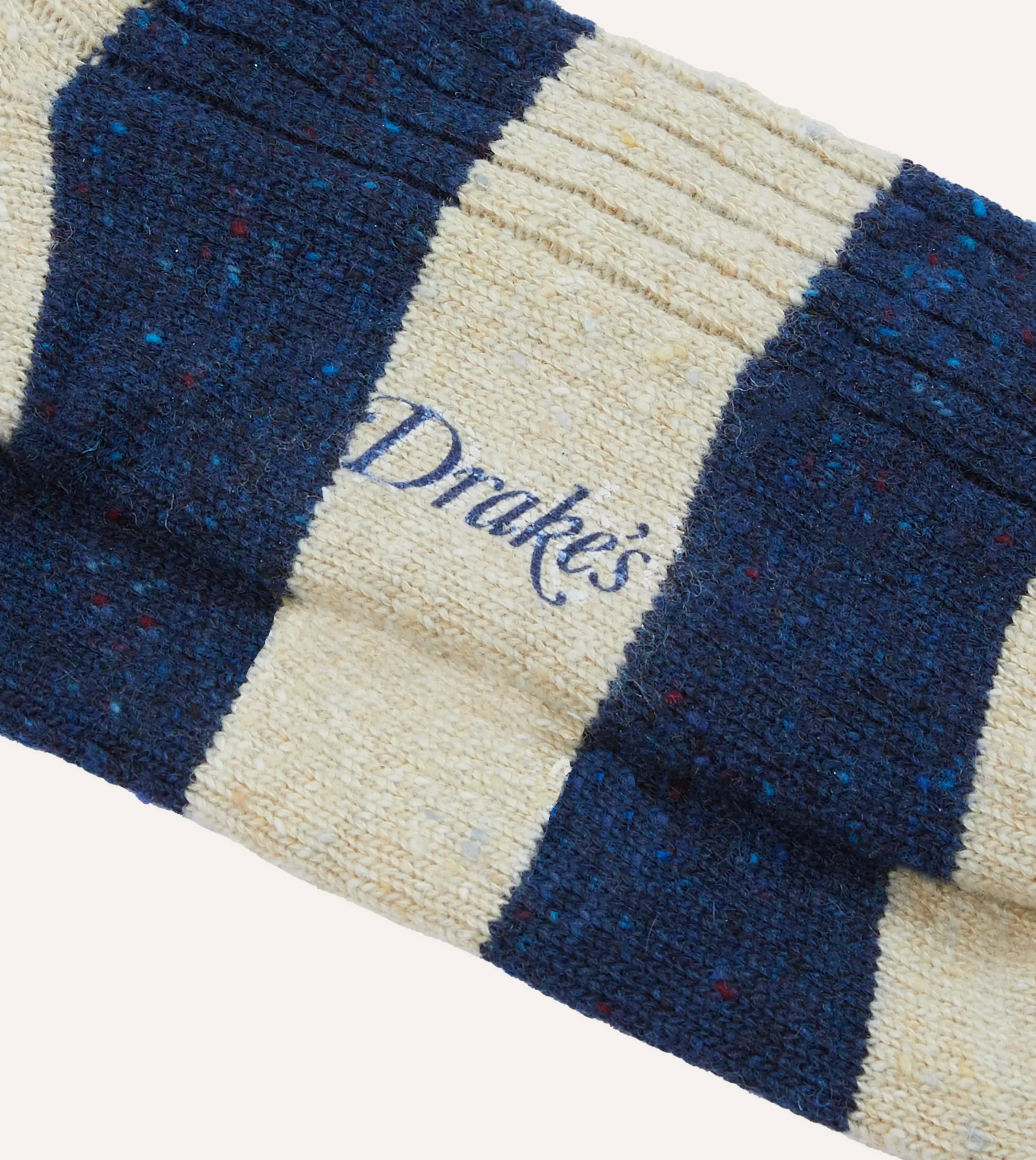 Drake’s Socks | Navy And Ecru Striped Donegal Wool Socks