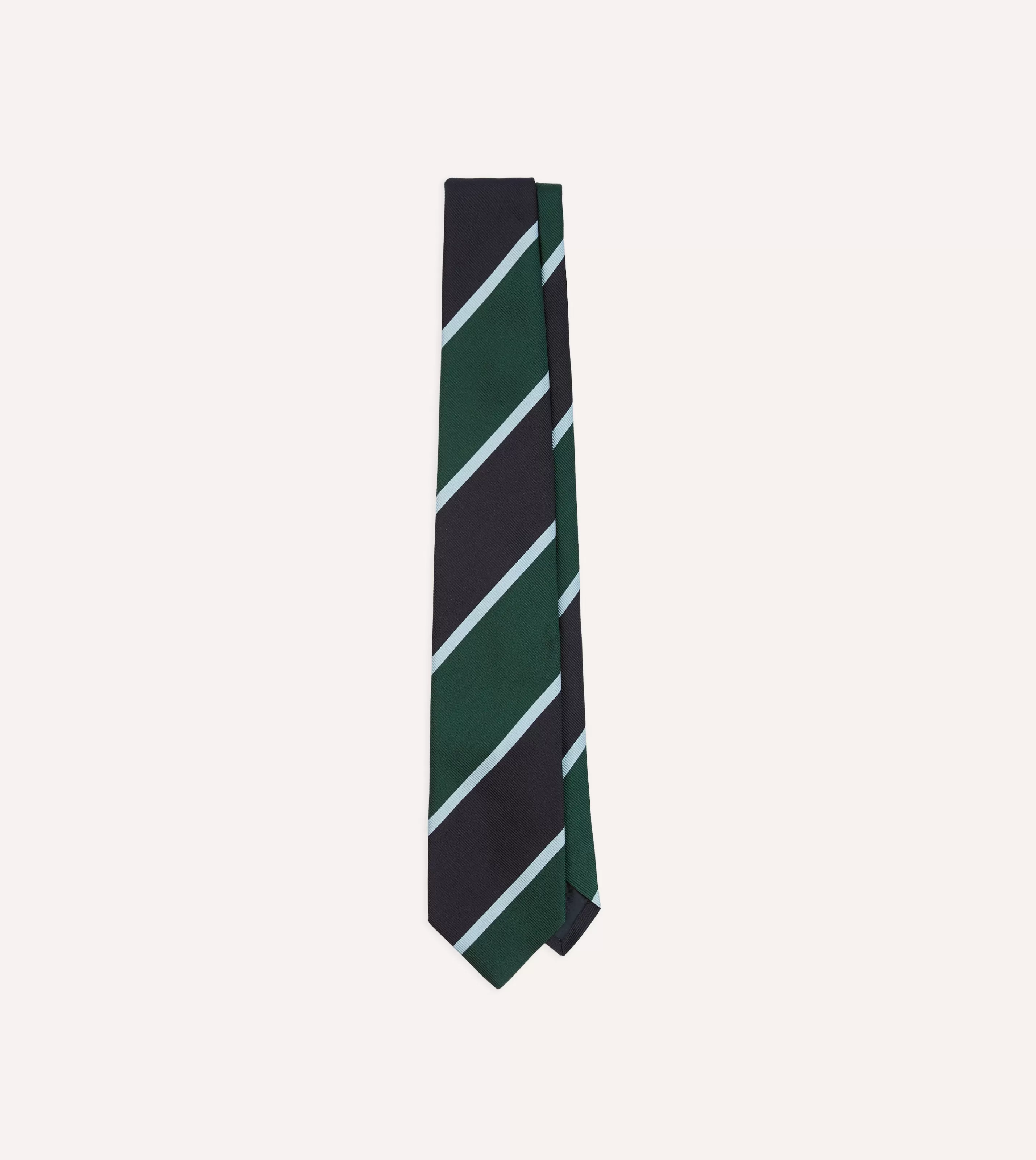 Drake’s Striped Ties | Navy And Green Broad Stripe Mogador Silk Tipped Tie