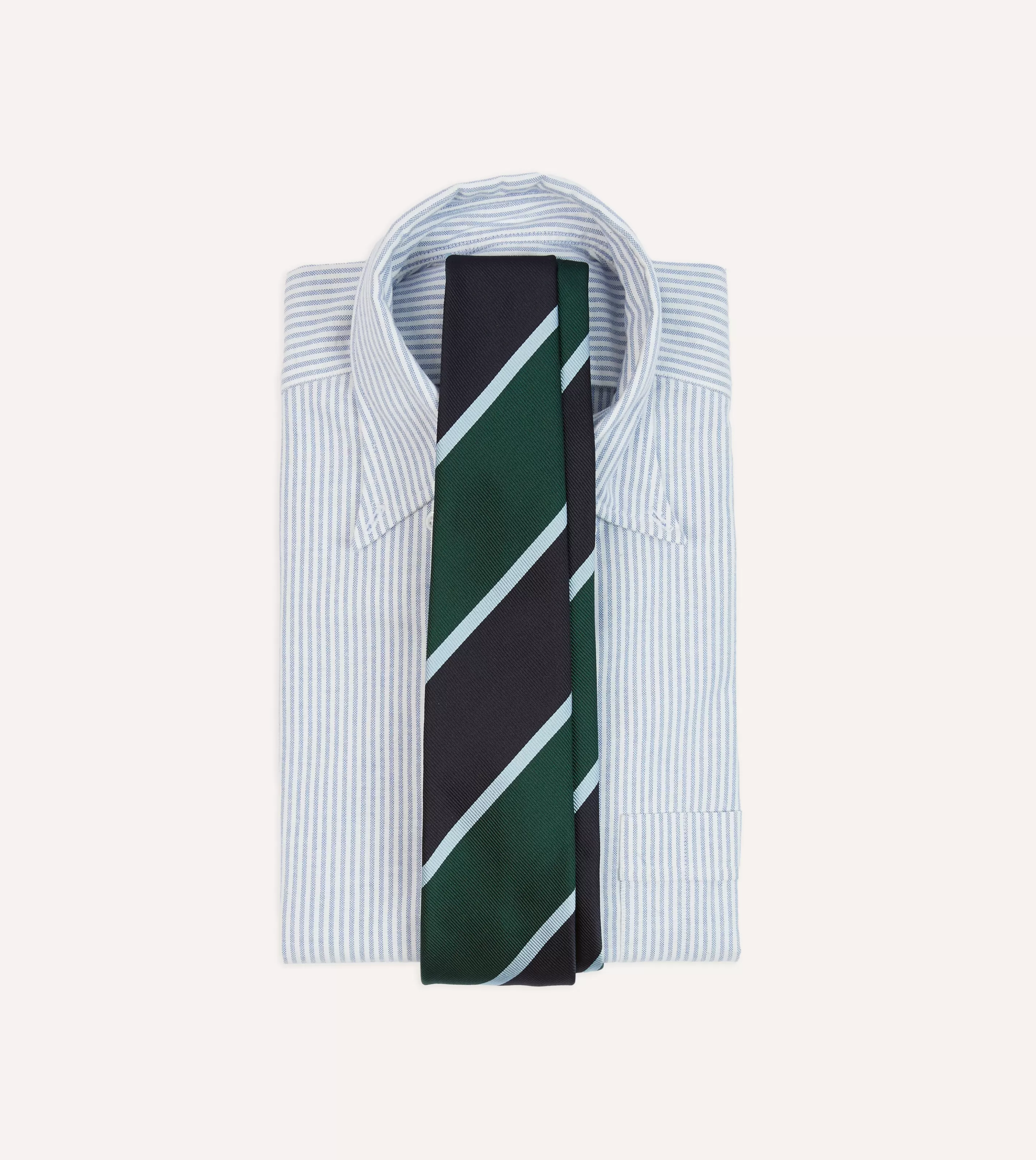 Drake’s Striped Ties | Navy And Green Broad Stripe Mogador Silk Tipped Tie