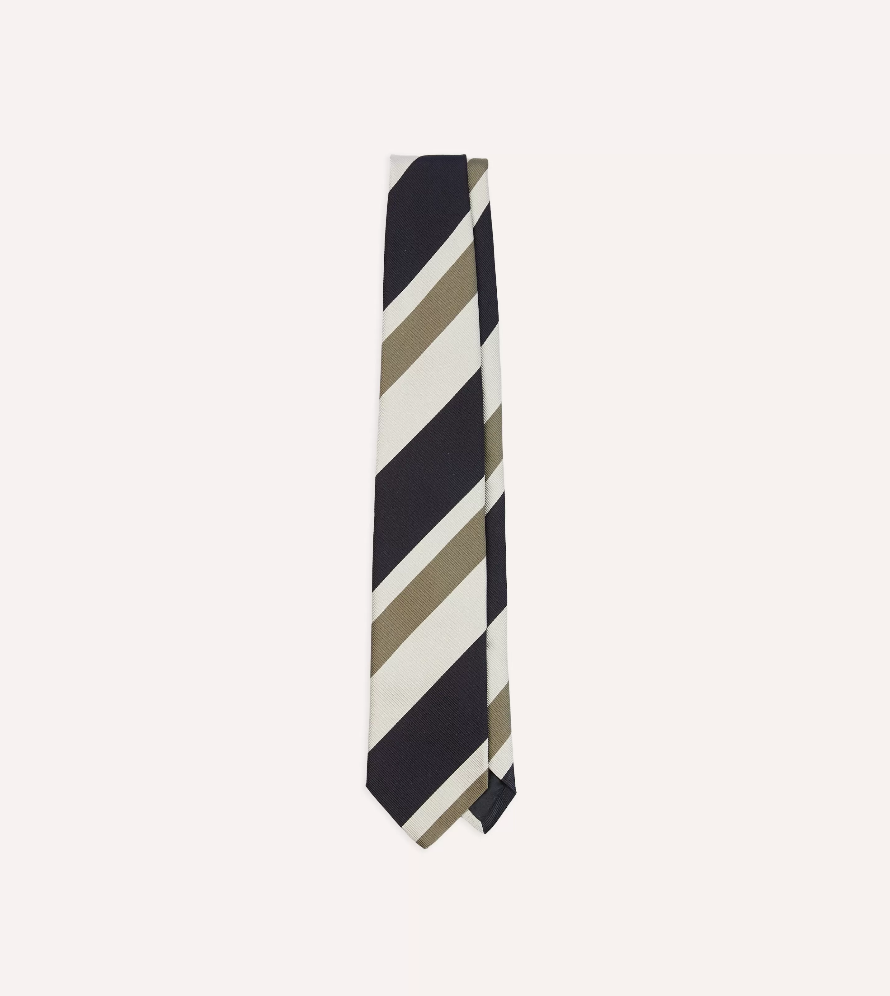 Drake’s Striped Ties | Navy And Olive Broad Stripe Silk Tipped Tie