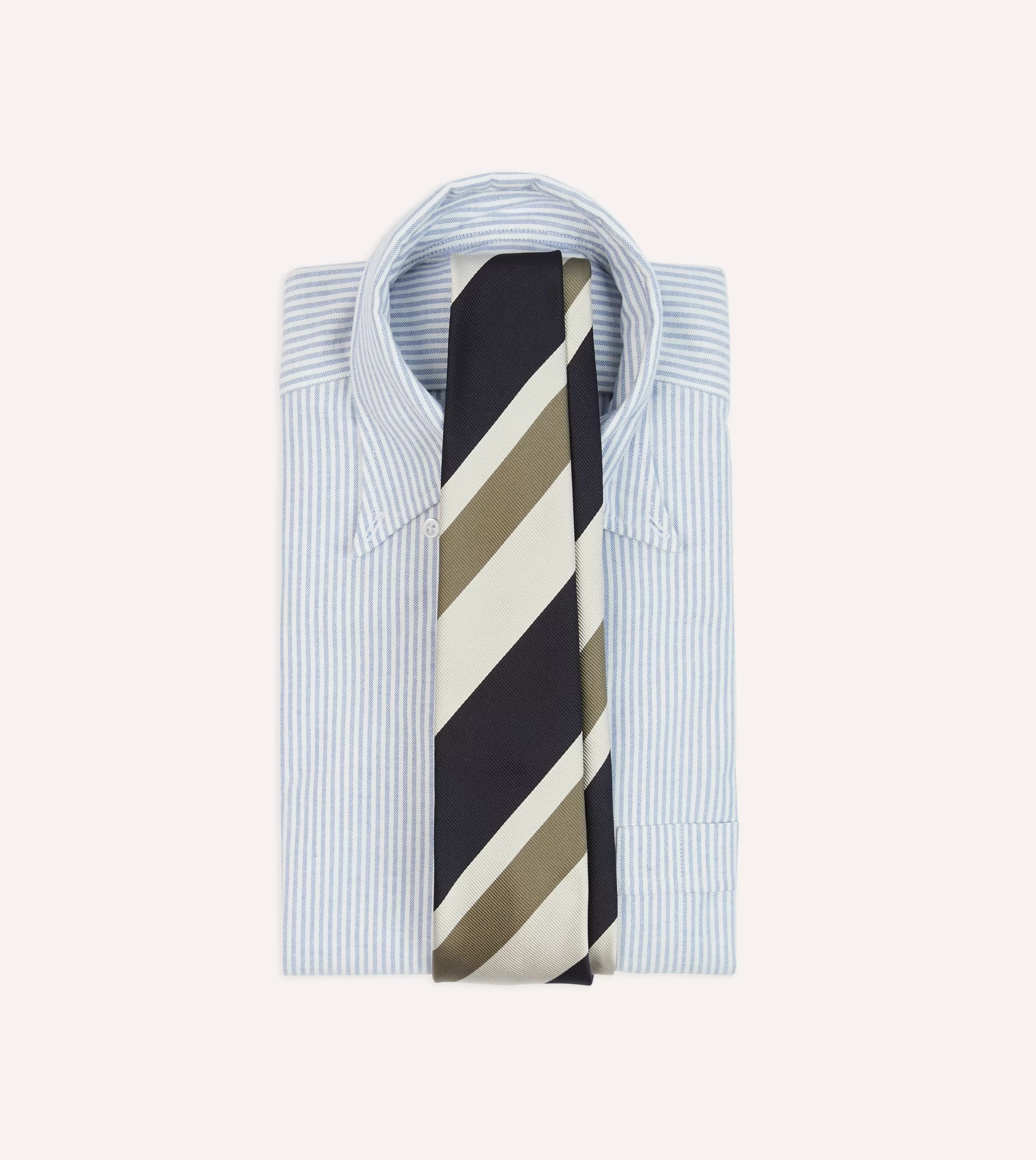 Drake’s Striped Ties | Navy And Olive Broad Stripe Silk Tipped Tie