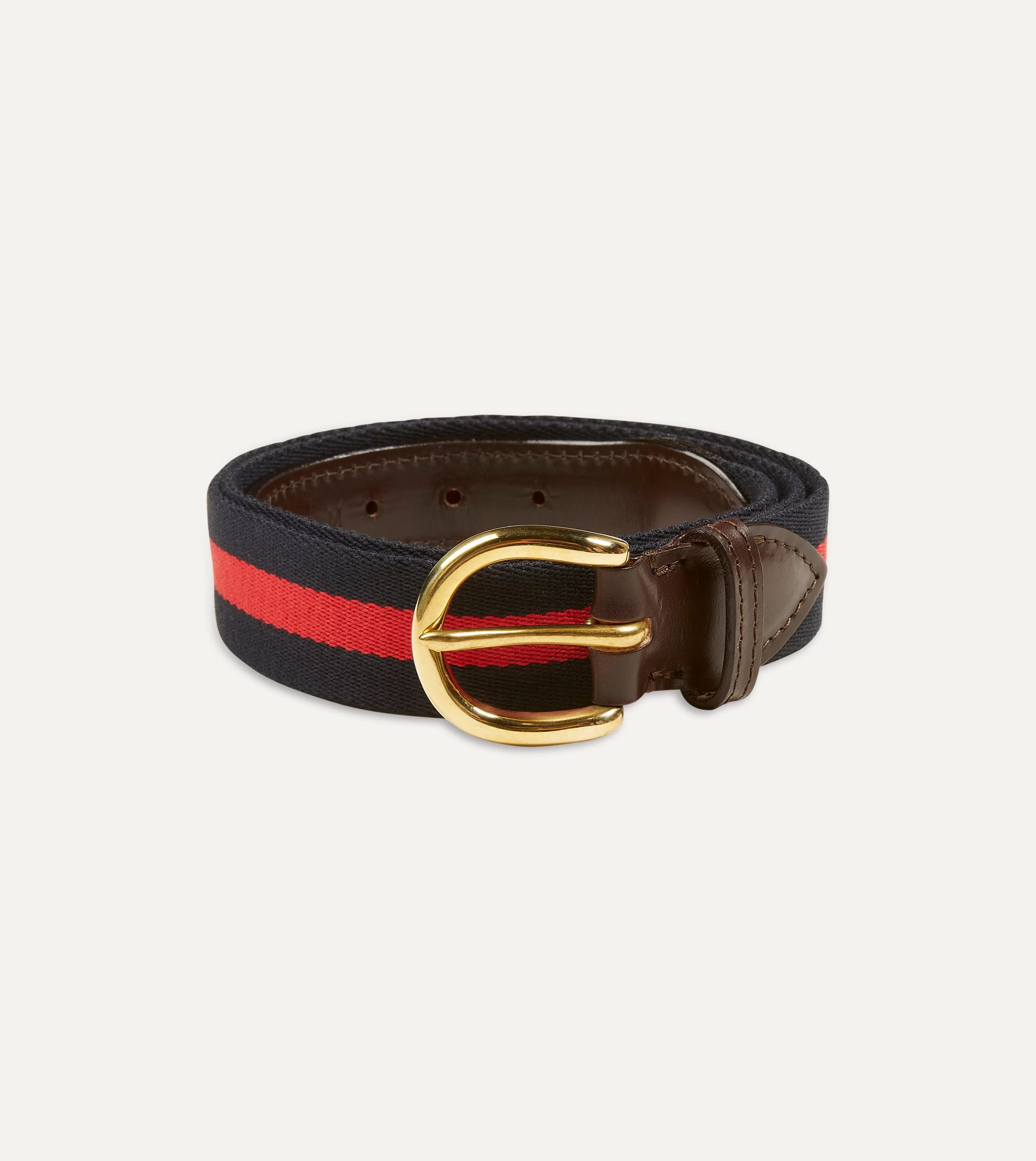 Drake’s Belts | Belts | Navy And Red Stripe Webbing And Leather Belt With Brass Buckle