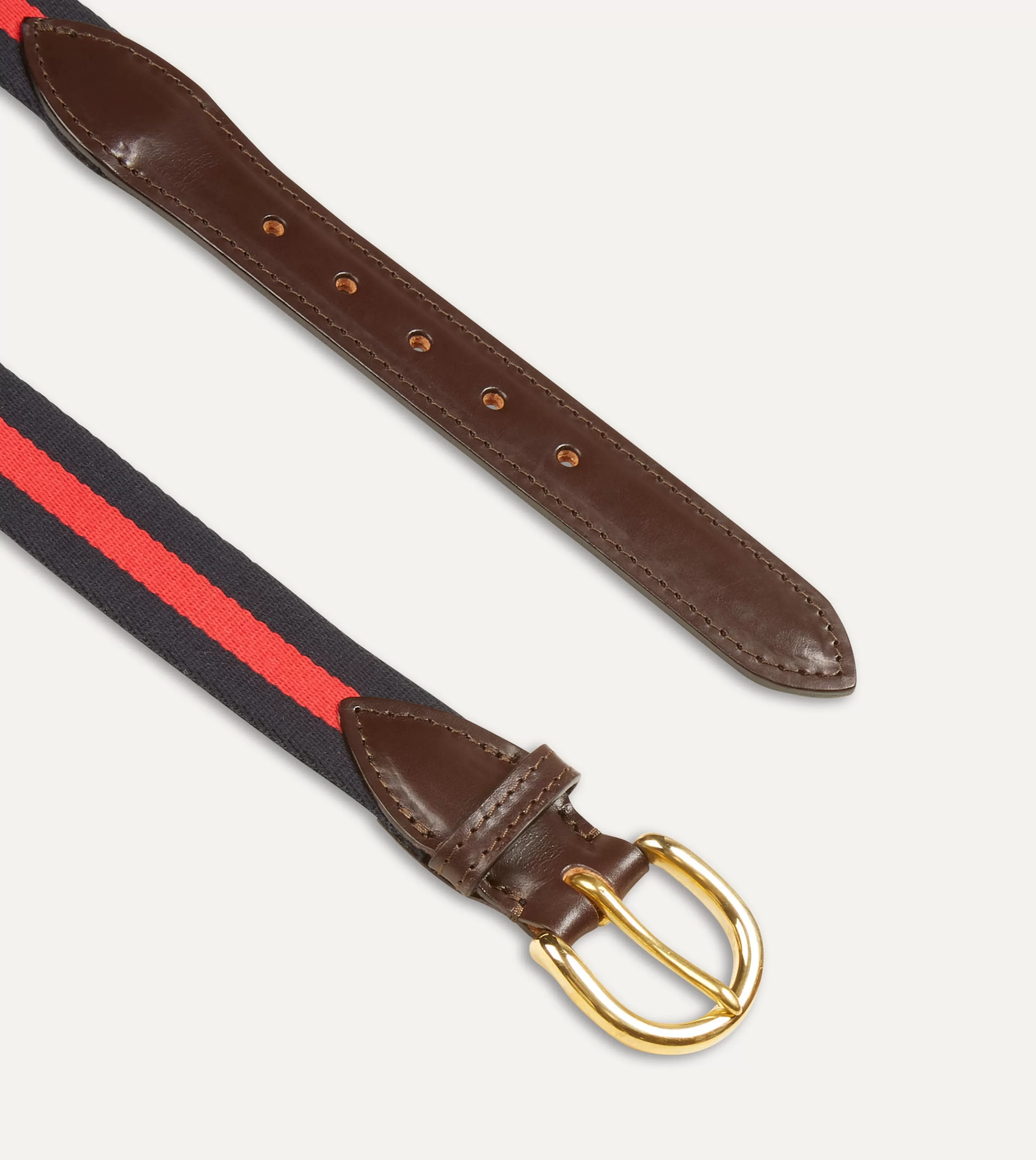 Drake’s Belts | Belts | Navy And Red Stripe Webbing And Leather Belt With Brass Buckle