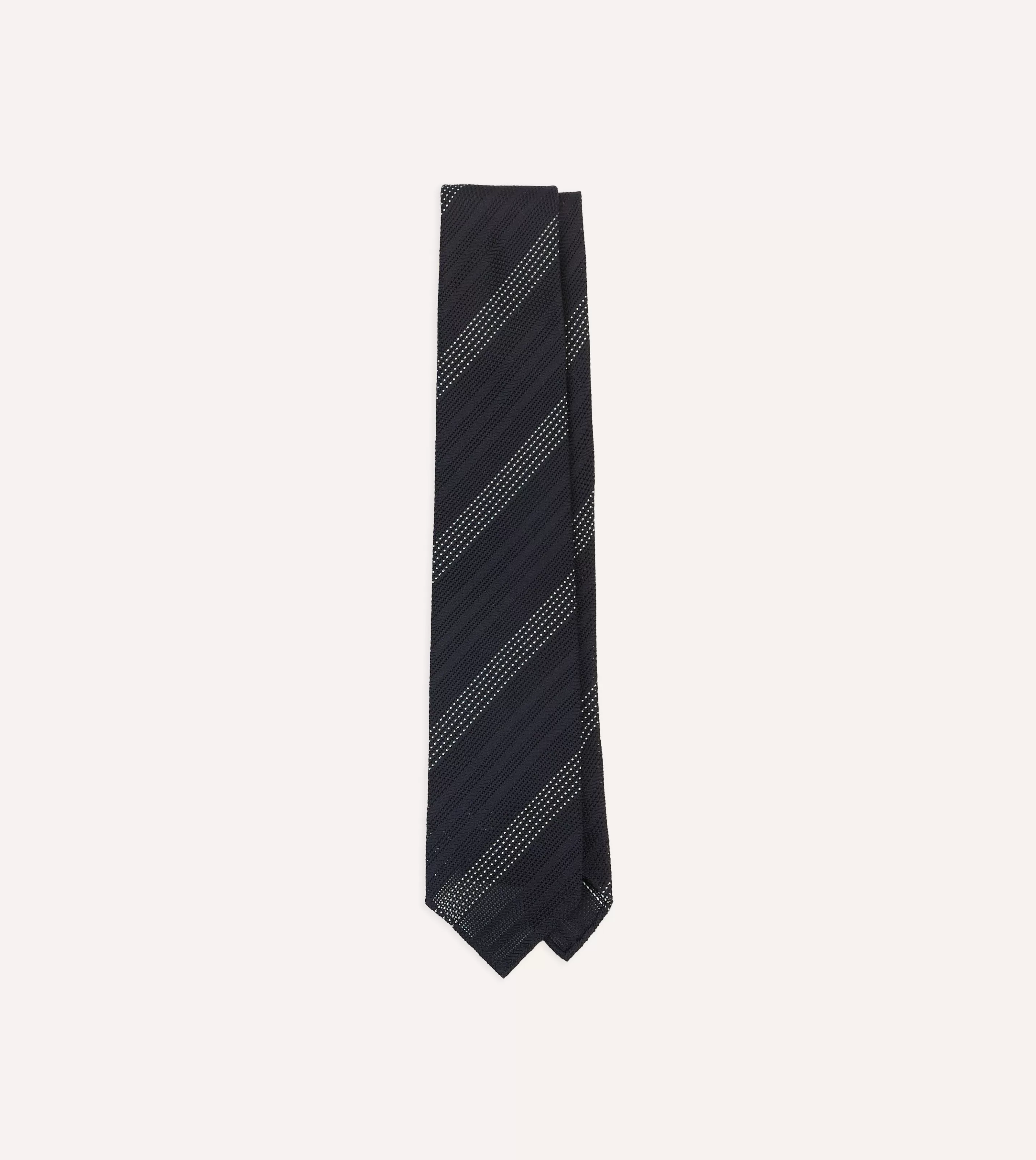 Drake’s Striped Ties | Navy And White Dashed Stripe Hand Rolled Silk Grenadine Tie