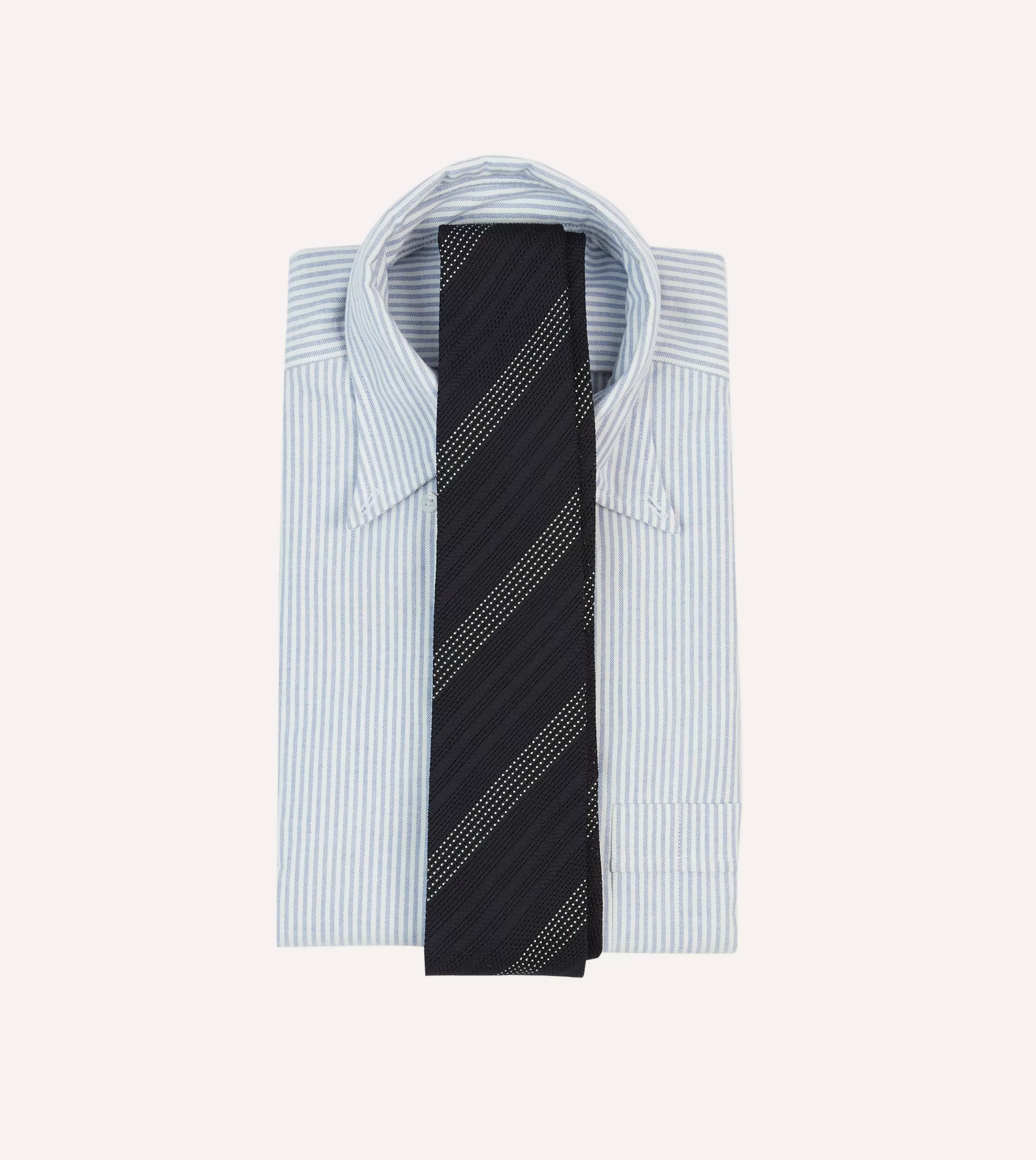 Drake’s Striped Ties | Navy And White Dashed Stripe Hand Rolled Silk Grenadine Tie