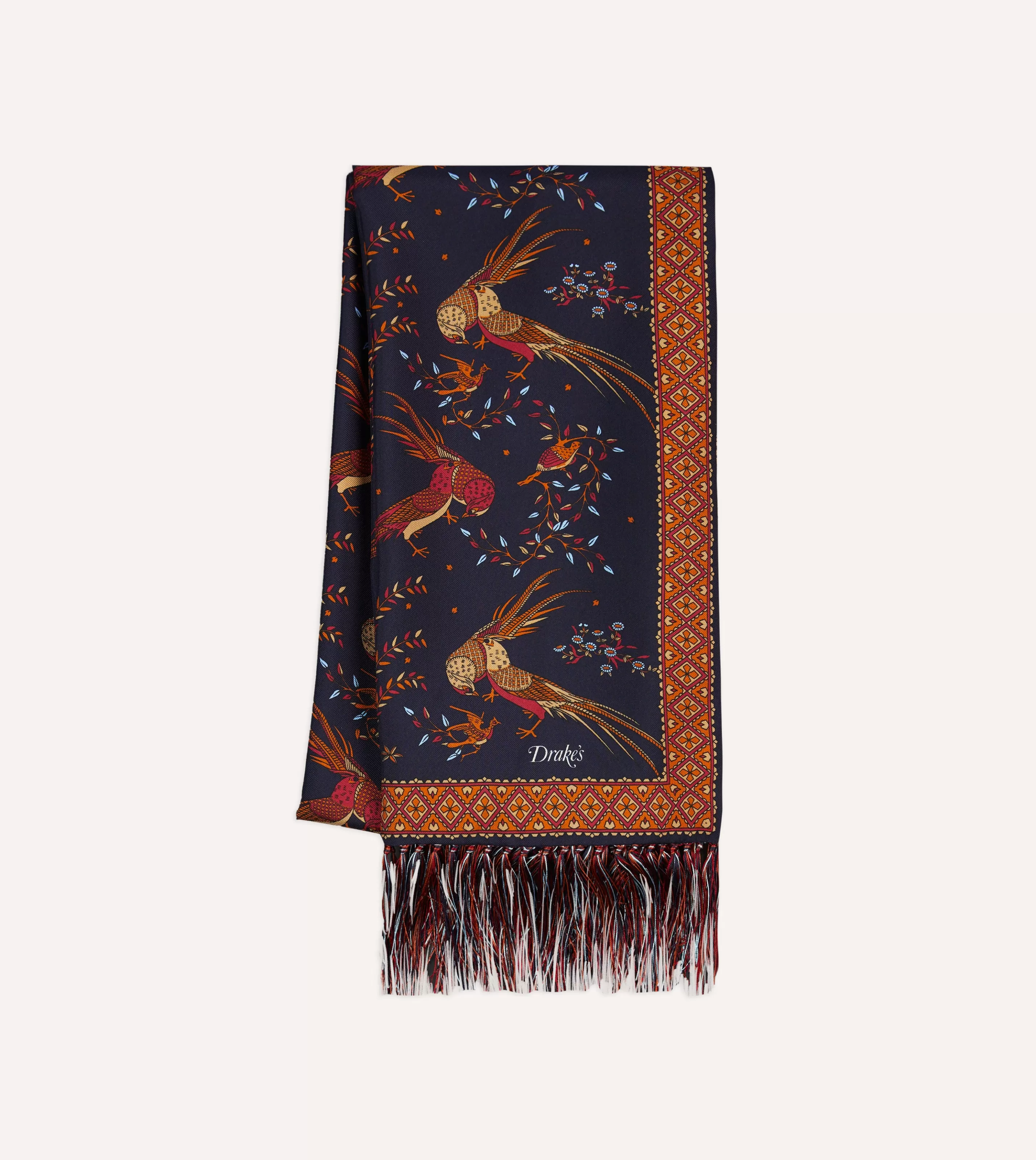 Drake’s Scarves | Birds Of Paradise Print Tubular Silk Tasselled Scarf Navy