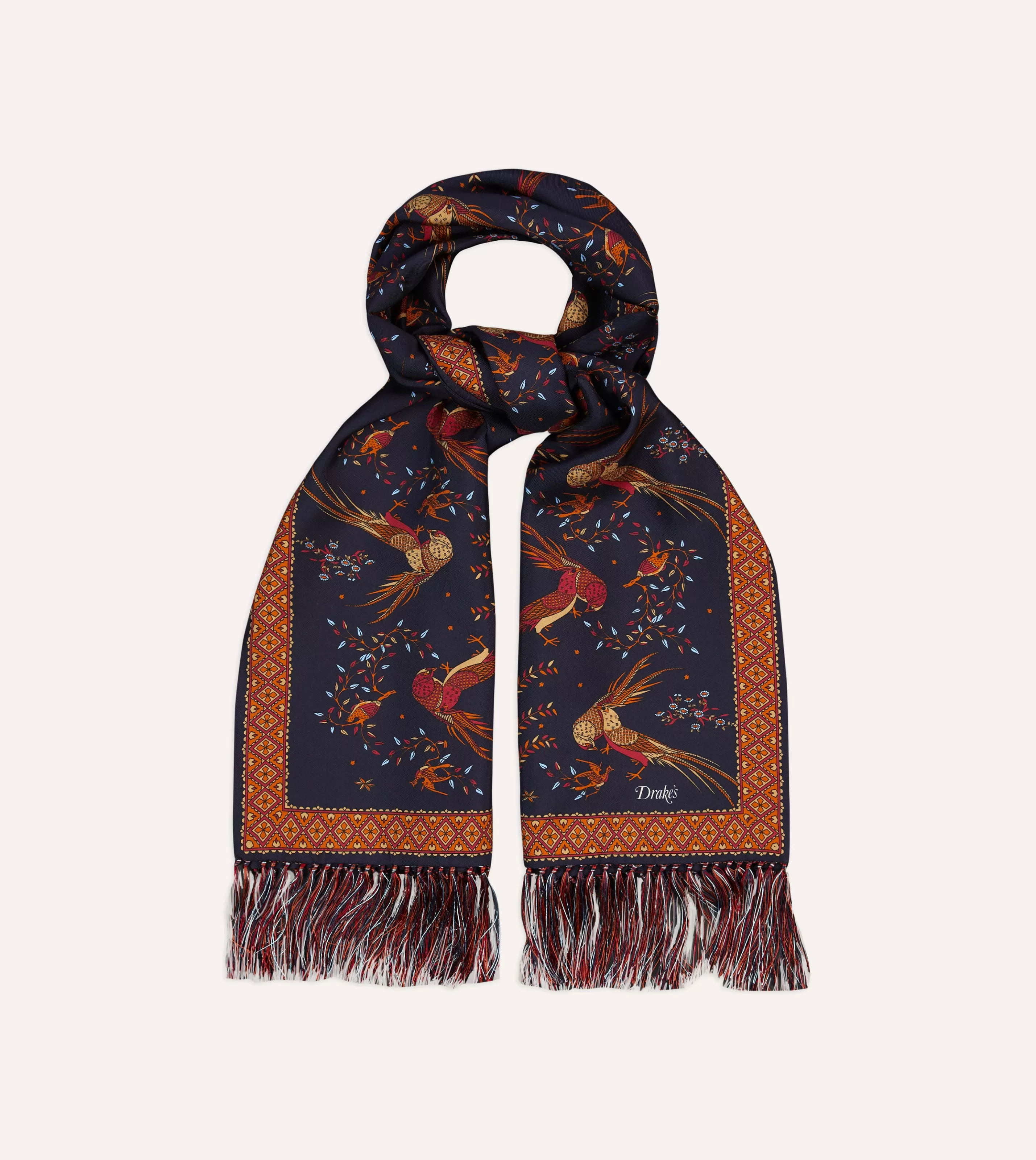 Drake’s Scarves | Birds Of Paradise Print Tubular Silk Tasselled Scarf Navy