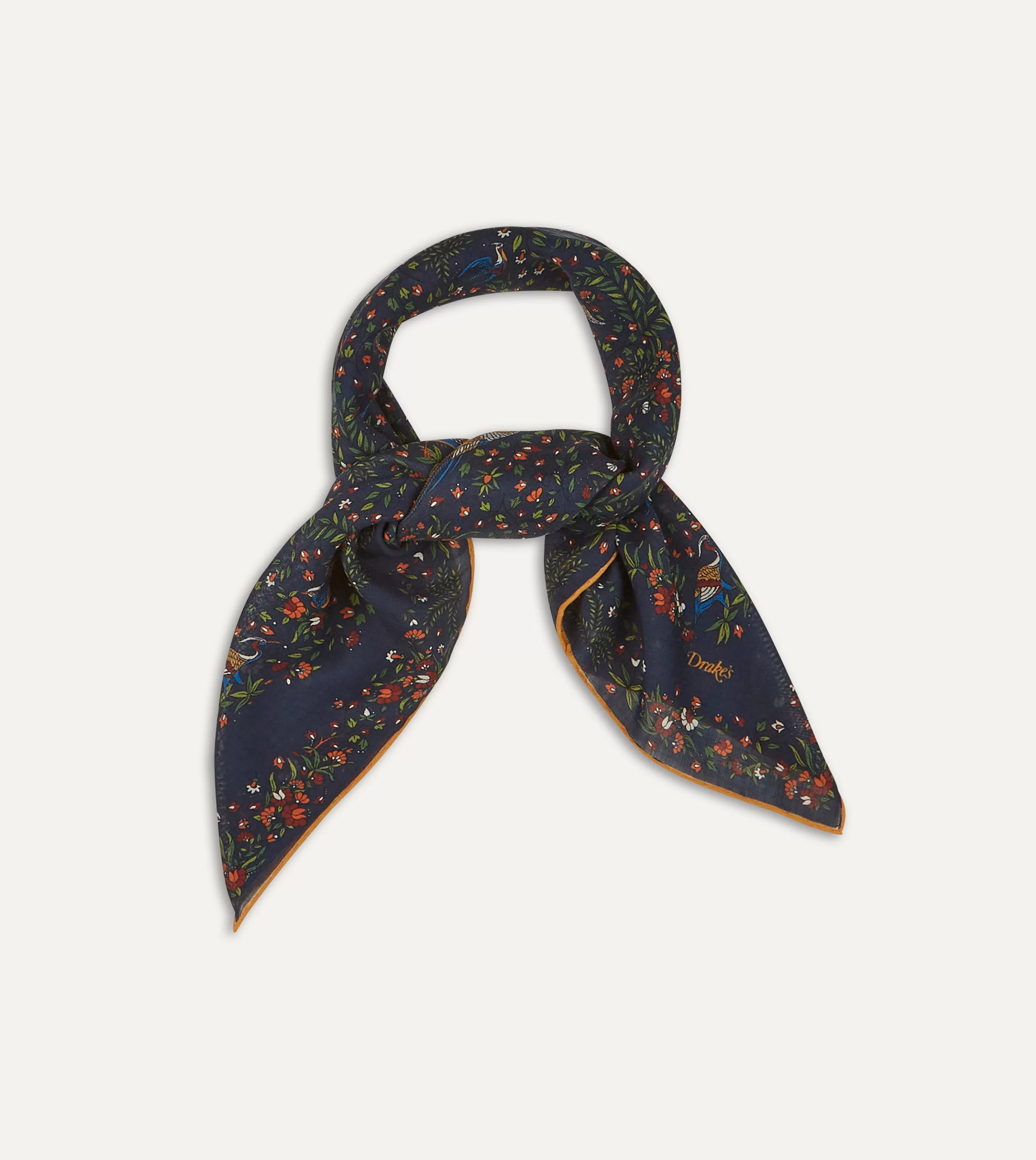 Drake’s Scarves | Scarves | Navy Birds Of Paradise Print Wool-Silk Square Scarf