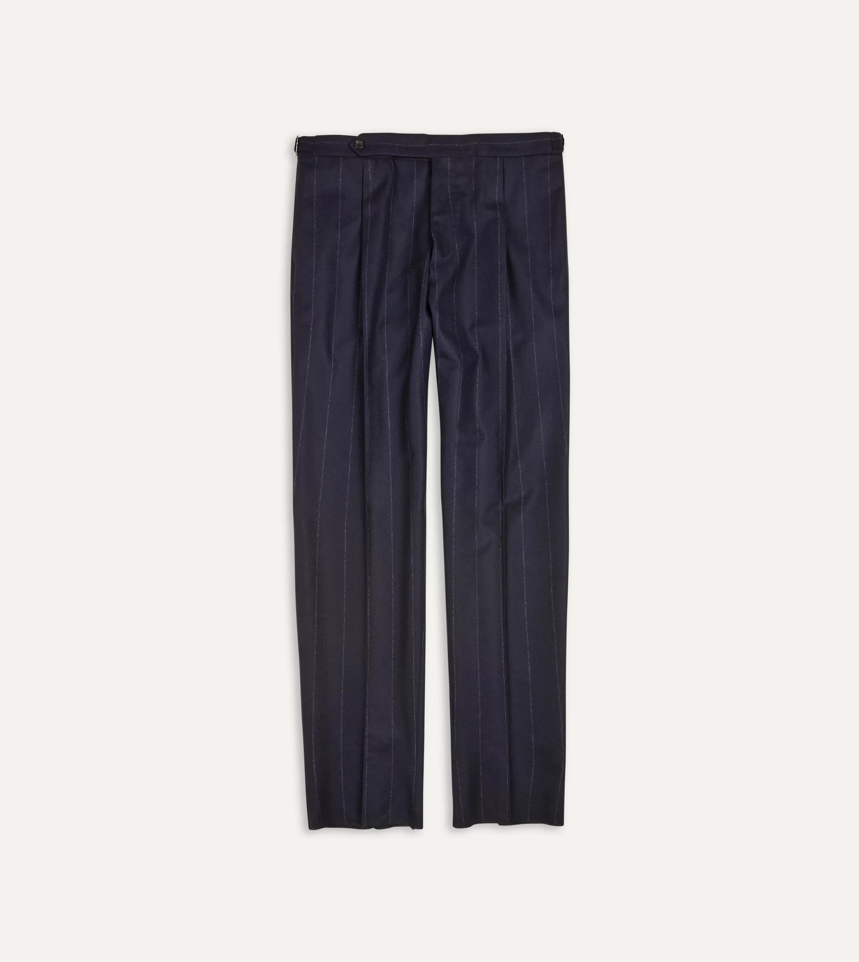 Drake’s Trousers | Trousers | Navy Chalkstripe Wool Flannel Single Pleat Trouser