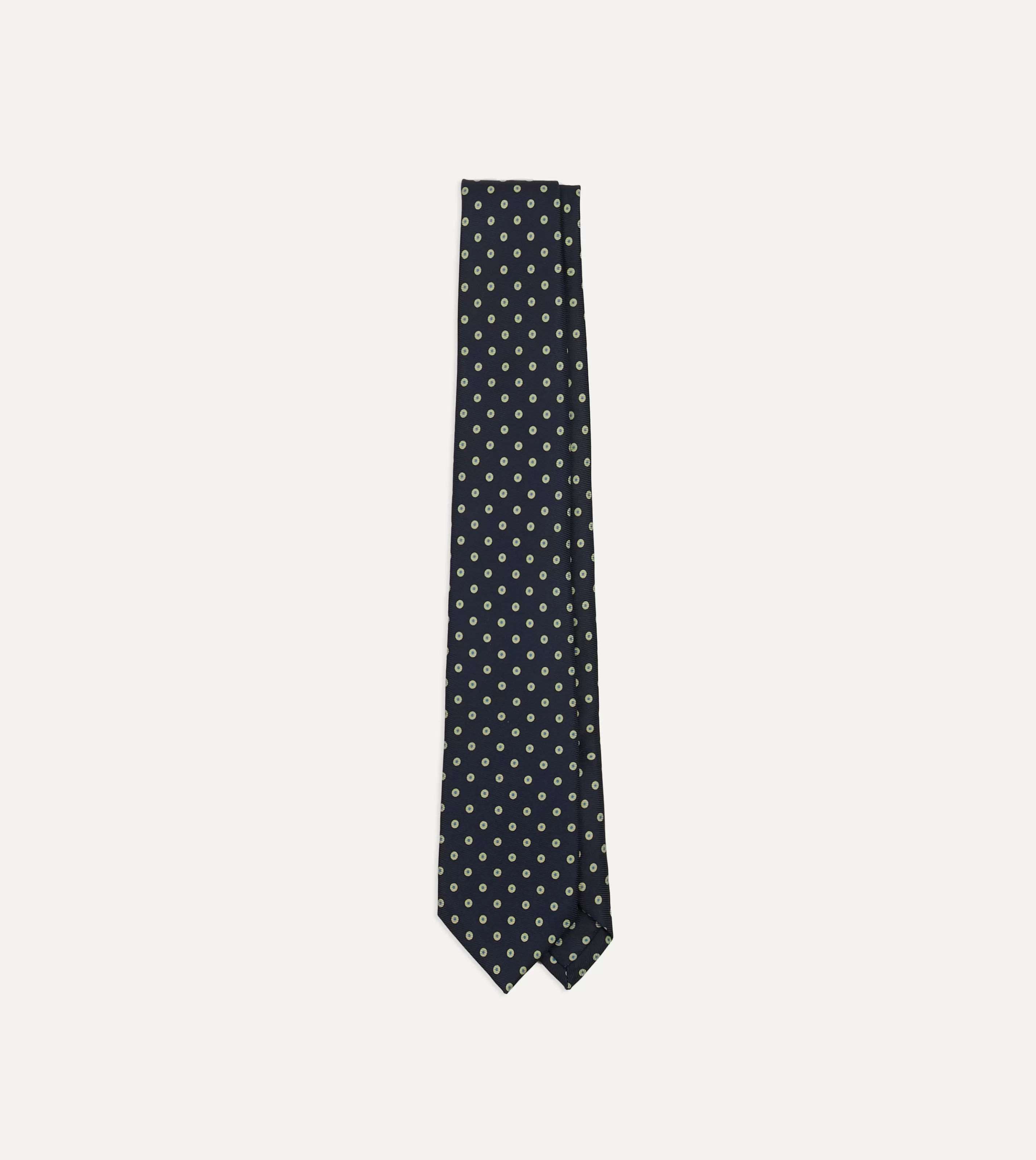 Drake’s Patterned Ties | Navy Circular Dot Silk Self Tipped Tie