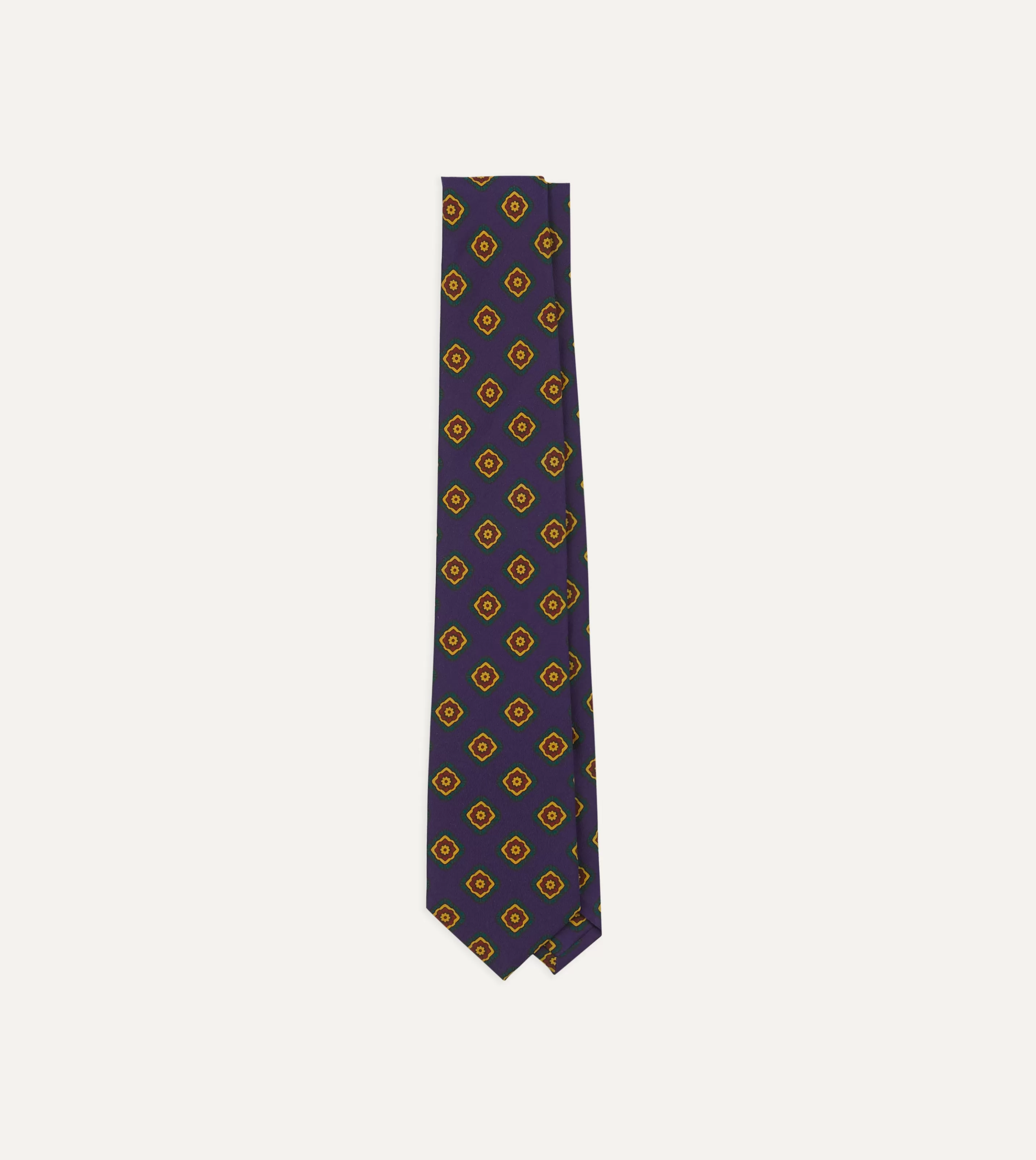 Drake’s Patterned Ties | Navy Flower Medallion Print Madder Silk Self Tipped Tie