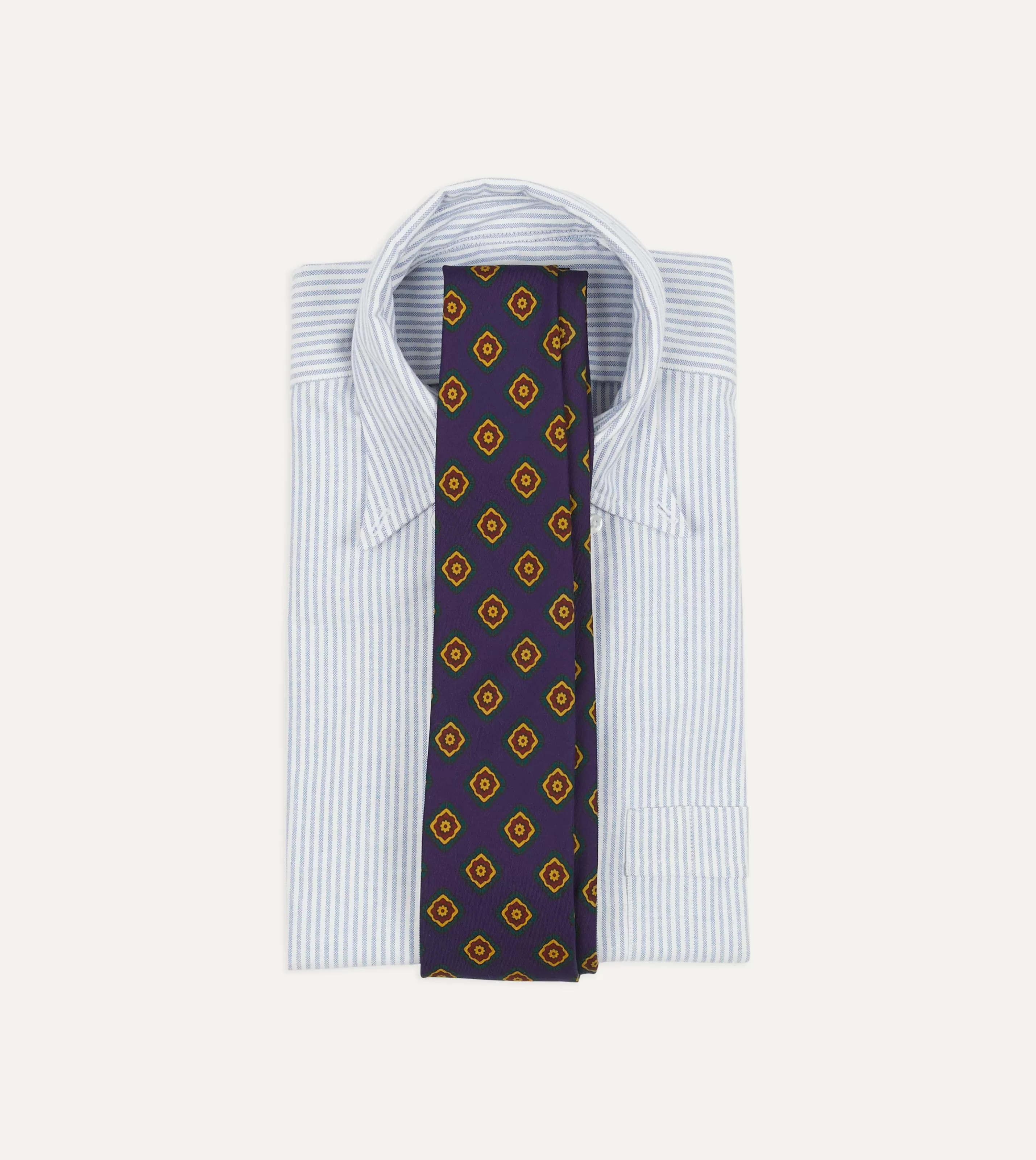 Drake’s Patterned Ties | Navy Flower Medallion Print Madder Silk Self Tipped Tie